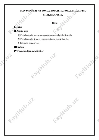 o‘zbekistonda bozor munosabatlarining shakillanishi — DOCX