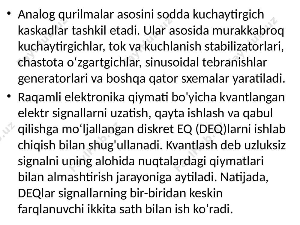 igini belgilaydi. tashqi xalaqitlar (kuchlanish manbayi pulsatsiyalari va elektromagnit maydon) ham shunday natijaga olib keladi. 2-rasm. analog o‘zgartgichlarning belgilanishi: a) operatsion kuchaytirgich; b) bir kirishli kuchaytirgich; d) komparator; e) cheklagich; f) ikki tomonlama cheklagich; g) ко‘paytirgich; h) polosali filtr; j) yuqori chastotalar filtri; i) past chastotalar filtri., analog elektronika 2 zamonaviy elektronika — integral mikroelektronika bo‘lib, unda raqamli integral elektron tizimlarga hal qiluvchi o ‘rin berilgan. shunday bo‘lishiga qaramasdan raqamli elektron tizimlar analog tizimlar o'rnini butunlay egallay olmaydi, chunki tabiatda kechadigan jarayonlar (birlamchi axborot) uzluksiz qonuniyat bo‘yicha sodir bo'ladi va insonning axborot qabul qiluvchi, reseptor apparati analog o‘zgartgich kabi ishlaydi. demak, signallarni o‘zgartirishning boshlang‘ich va oxirgi bosqichlari analog bo‘lmasligining iloji yo'q. ushbu axborotga ishlov berishni raqamli ko‘rinishda olib borish ma’qulroq. natijada, axborotga ishlov berishda raqamli usullardan foydalanuvchi har qanday tizim analog va raqamli signallarni o ‘zaro o‘zgartruvchi tizimlarga ega bo‘lishi shart. ular analog — raqamli (aro‘) va raqamli — analog …