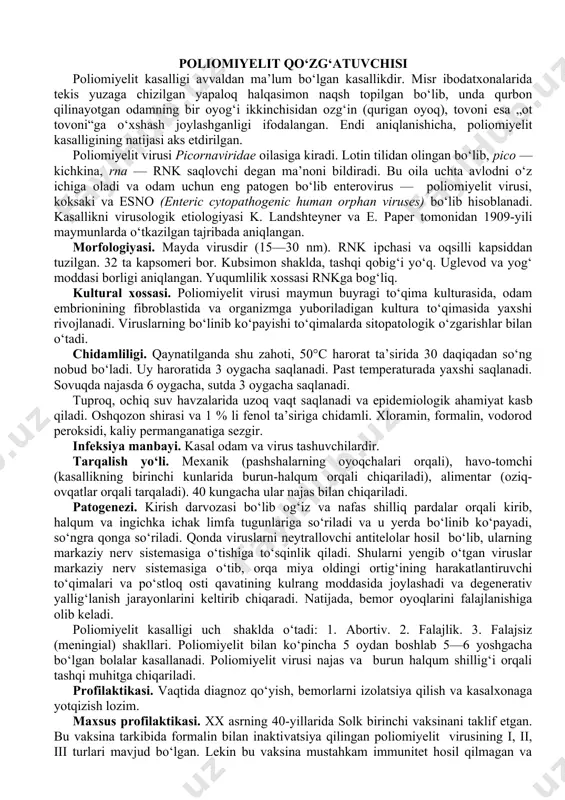 laboratoriya ochildi va bu yerda antirabik vaksina tayyorlana boshlandi. morfologiyasi. quturish virusi tayoqchasimon (o‘qsimon) shaklga ega, bir uchi yassi, ikkinchi uchi esa biroz cho‘ziq. 80—180 nm kattalikda. tarkibida bitta iрli rnk ni saqlaydi, atrofi kapsid bilan o‘ralgan. kapsid esa tashqi tarafidan glikoproteid va glikoliрidlarini saqlovchi qobiq bilan o‘ralgan. qobiqda peplomeri mavjud. virus bilan zararlangan hujayra sitoplazmasida babesh (1882) va negri (1903) aniqlagan kiritmalarni hosil qiladi. shuning uchun ularni babesh—negri tanachalari deb yuritiladi. bu tanachalarning kattaligi 3—4 dan 20 mkm. gacha. ular turli shakllarda, ko‘pincha sferik, ovalsimon va ko‘p qirrali bo‘lishi mumkin. kislotali bo‘yoqlarda ular qizil rangga kiradi. babesh—negri tanachalari bosh miya nerv hujayralari sitoplazmasida joylashadi. babesh—negri tanachalarini aniqlash diagnostikada katta ahamiyatga ega. kultural xossasi. quturish virusi sichqon, jo‘ja, quyon, miya to‘qimasida, tovuq embrioni, buzoq, qo‘y embrionlarida va turli xil hayvonlarning to‘qima kulturalarida undiriladi. patogenligi. quturish bilan uy va yovvoyi hayvonlar, qushlar kasallanadi. ko‘pincha it, bo‘ri, tulki, ko‘rshapalaklar va boshqalar kasallanadi. …