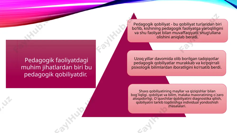 atlar hamda qator shaxsiy fazilatlarga, shu bilan birga o‘quvchilarning ta’lim-tarbiyasida javobgarlikni his etish, uning e’tiqodi, o‘quvchilarga ma’naviy va ma’rifiy e’tiqodni singdira olish kabi xislatlarga ham bog‘liqdir. perseptiv qobiliyatlar — bu psixologik kuzatuvchanlik, o‘quvchi shaxsining individual psixologik xususiyatlarini inobatga olgan holda yondashish, o‘quvchining vaqtinchalik psixik holatlarini tushuna bilishdan iborat qobiliyatdir. nutq qobiliyati — o'qituvchining o‘z his-tuyg‘ularini nutq yordamida, shu bilan birga mimika va pantomimika yordamida aniq va ravshan qilib ifodalab berish qobiliyatidir. bu o‘qituvchilik kasbidagi muhim xislatlardan biri hisoblanadi. chunki o‘qituvchidan o‘quvchilarga uzatiladigan axborot asosan ikkinchi signal tizimi - nutq orqali beriladi. bunda mazmun jihatidan uning ichki va tashqi xususiyatlari nazarda tutiladi. 0‘qituvchi nutqi, uning talaffuzi aniq-ravshan, oddiy va o‘quvchilar uchun tushunarli bo‘lishi kerak. beriladigan axborotlar shunday tuzilishi kerakki, bunda o‘quvchilarning diqqat-e’tibori yuqori darajada faollashtirilishi lozim. qobiliyatli o‘qituvchining nutqi jonli, obrazli, intonatsiyali va ifodali, emotsiyaga boy bo‘lib, bunda stilistik va grammatik xatolar mutlaqo bo‘lmasligi lozim. nutq qobilyati 0‘qituvchi nutqi, uning talaffuzi …