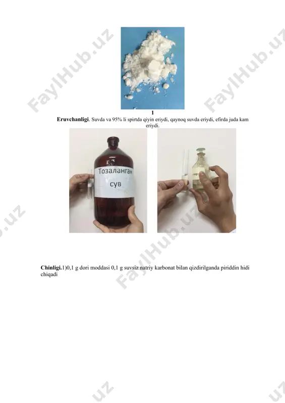 dqiqot ishlarini olib borilishi uchun quyidagilar zarur: - elektron tarozi; - 25ml, 50ml, 100ml, 200ml, 250 ml i 500 ml li o‘lchov kolbalar; - probirkalar, silindrlar, konussimon kolbalar; - filtr qog‘ozi; - reaktivlar; - erituvchilar. laboratoriya ishlarini o'tkazish qoidalari va xavfsizlik choralari. kimyo laboratoriyalariga faqatgina xavfsizlik texnikasi bilan tanishib maxsus jurnalga imzo qo‘ygan talabalargina kirib ishlashga ruxsat beriladi. laboratoriya ishiga tushishdan oldin talabalar texnika xavfsizligini tushungandan so‘ng ruxsat berilishi lozim: · laboratoriyada tozalik va texnika xavfsizligiga rioya qilish shart; · · kimyoviy reaktivlar qadog‘ida yozilgan ko‘rsatmalar asosida saqlanishi shart; · ishni tugatgandan so‘ng ish joyini tozalash, kimyoviy qoldiqlarni neytrallash va idishlarni zararsizlantirish shart; · kimyoviy reaktivlarning qoldig‘ini, organik erituvchilar va suvli kimyoviy moddalar eritmasini rakovinaga to‘kish mumkin emas. bunday qoldiqlar maxsus idishlarga solinadi (shisha). laboratoriya ish joyida ovqatlanish va oziq ovqat maxsulotlarini saqlash man etiladi. suv ichish va dori moddalarini mazasini tatib ko‘rish man etiladi. moddalarni xidini zaxarli emasligiga ishonch …