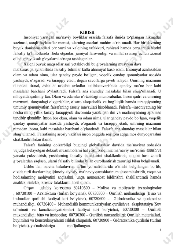 ek tili va ijtimoiy fanlar” kafedrasi o‘qituvchisi ismoilova xayitxon muhammadjonovna taqrizchilar: f.i.o. f.i.o. aiqi “o‘zbek tili va ijtimoiy fanlar” kafedrasi mudiri t.f.f.d(phd), dotsent a.a.xakimov adpi prof. f.f.d(dcs) a.a.egamberdiyev 17 mundarija fal1205:falsafa ............................................................................................... 18 1. fan tavsifi ........................................................................................................ 18 2. fanning dastlabki rekvizitlari ....................................................................... 18 3. fanning maqsadi ...................................... ошибка! закладка не определена. 4. ta’lim berish natijalari ............................ ошибка! закладка не определена. 5. ta’lim berish usullari ....................................................................................... 5 6. mustaqil taʼlim va mustaqil ishlar .................................................................. 5 7. adabiyotlar .............................................................................................. 7 8. soatlar/kreditlar .............................................................................................. 8 9. fanning tarkibiy tuzilishi ................................................................................ 8 10. talabalar bilimini baholash ...................................................................... 241 11. akademik talablar ...................................................................................... 252 file:///c:/users/umidjon/downloads/telegram%20desktop/new%20sillabus%20qurilish%20moliya%20yo'nalish%202024.docx%23_toc173491916 file:///c:/users/umidjon/downloads/telegram%20desktop/new%20sillabus%20qurilish%20moliya%20yo'nalish%202024.docx%23_toc173491917 file:///c:/users/umidjon/downloads/telegram%20desktop/new%20sillabus%20qurilish%20moliya%20yo'nalish%202024.docx%23_toc173491918 file:///c:/users/umidjon/downloads/telegram%20