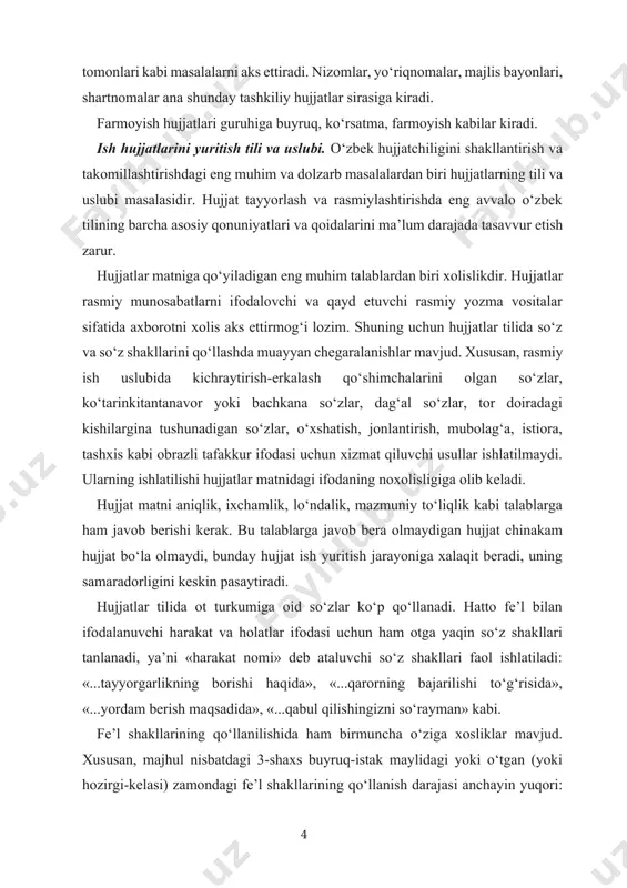 larga ham javob berishi kerak. bu talablarga javob bera olmaydigan hujjat chinakam hujjat bo‘la olmaydi, bunday hujjat ish yuritish jarayoniga xalaqit beradi, uning samaradorligini keskin pasaytiradi. hujjatlar tilida ot turkumiga oid so‘zlar ko‘p qo‘llanadi. hatto fe’l bilan ifodalanuvchi harakat va holatlar ifodasi uchun ham otga yaqin so‘z shakllari tanlanadi, ya’ni «harakat nomi» deb ataluvchi so‘z shakllari faol ishlatiladi: «...tayyorgarlikning borishi haqida», «...qarorning bajarilishi to‘g‘risida», «...yordam berish maqsadida», «...qabul qilishingizni so‘rayman» kabi. fe’l shakllarining qo‘llanilishida ham birmuncha o‘ziga xosliklar mavjud. xususan, majhul nisbatdagi 3-shaxs buyruq-istak maylidagi yoki o‘tgan (yoki hozirgi-kelasi) zamondagi fe’l shakllarining qo‘llanish darajasi anchayin yuqori: topshirilsin, tasdiqlansin, bajarilsin, bo‘shatilsin, tayinlansin, eshitildi, qaror qilindi, ko‘rib chiqildi, ko‘rsatib o‘tildi kabi. hujjatlardagi gap qurilishi, odatda, tasniflash, mayda qismlarga ajratishga, qayd etuvchi va qaror qiluvchi qismlarning birligiga, umuman, sabab-oqibat va shart-oqibat munosabatlariga asoslanadi. shuning uchun ham hujjatlarda nisbatan uzun jumlalar, murakkablashgan, uyushiq bo‘lakli gaplar ko‘p qo‘llanadi. lekin gap tarkibida odatdagi so‘z tartibiga qat’iy …