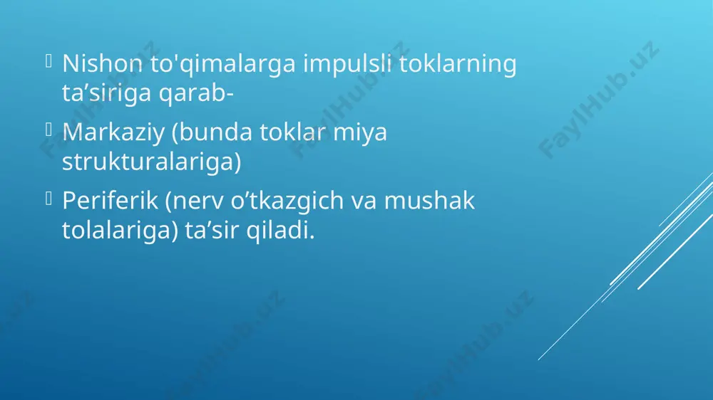 spazmolitik (elektruyqu terapiyasi) trofostimulyator sekretor analgetik vazodilator (transkranial elektrostimulyatsiya) ko'rsatmalar. markaziy asab tizimi kasalliklari (nevrasteniya, reaktiv va astenik holatlar, uyqu buzilishi, logonevroz) yurak-qon tomir tizimi (miya tomirlarining aterosklerozi dastlabki bosqichlarida, yurak ishemik kasalligi, zo’riqish stenokardiyasi i-ii funktsional sinf (fs), gipertoniya i-ii) oshqozon va o'n ikki barmoqli ichak yara kasalligi bronxial astma neyrodermit, egzema enurez surunkali charchoq sindromi o’tkir va surunkali stress qarshi ko’rsatma epilepsiya dekompensatsiyalangan yurak nuqsonlari elektr tokini ko’taraolmaslik ko'zning yallig'lanish kasalliklari (kon'yunktivit, blefarit). parametrlar. elektrouyqu uchun 5-160 imp x s va davomiyligi 0,2-0,5 ms bo'lgan to’g’ri burchakli impulsli toklar qo'llaniladi. impuls tok kuchi odatda 8-10 ma dan oshmaydi. impuls takrorlanish tezligi bemorning holatiga qarab tanlanadi. transkranial elektrostimulyatsiya uchun tok kuchi 10 b gacha to’g’ri burchakli, chastotasi 60-100 imp x s va davomiyligi 3.5-4 ms, ketma ketlikda 20-100 impulslar kiritiladi. elektruyquterapiya muolajalari es-10-5, "electroson-5" avtonom apparatlar bilan, shuningdek, "eleskulap-1" past-chastotali elektr terapiyasi kombayn qurilmalari yordamida amalga oshiriladi. transkranial elektrostimulyatsiya …