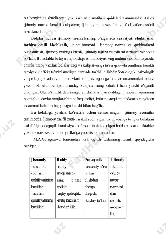 ulq-atvorining jamiyat rivojlanishining biror- bir bosqichida shakllangan yoki rasman o’rnatilgan qoidalari namunasidir. aslida ijtimoiy norma kerakli xulq-atvor, ijtimoiy munosabatlar va faoliyatlar modeli hisoblanadi. bolalar uchun ijtimoiy normalarning o’ziga xos xususiyati shuki, ular tarbiya omili hisoblanib, uning jarayoni ijtimoiy norma va qadriyatlarni o’zlashtirish, ijtimoiy muhitga kirish, ijtimoiy tajriba va rollarni o’zlashtirish sodir bo’ladi. bu holatda tarbiyaning boshqarish funksiyasi eng muhim vazifani bajaradi, chunki uning vazifasi bolalar ongi va xulq-atvoriga ta’sir qiluvchi omillarni kerakli tarbiyaviy effekt ta’minlanadigan darajada tashkil qilishdir.sotsiologik, psixologik va pedagogik adabiyotlardadeviant xulq-atvorga ega bolalar muammolari ustida yetarli ish olib borilgan. bunday xulq-atvorning sabalari ham yaxshi o’rganib chiqilgan. ular o’smirlik davrining qiyinchiliklari, jamiyatdagi ijtimoiy maqomning noaniqligi, davlat rivojlanishining beqarorligi, bola mustaqil chiqib keta olmaydigan ekstremal holatlarning yuzaga kelishi bilan bog’liq. bu bolalarga yordam ko’rsatish uchun ixtisoslashgan ijtimoiy xizmatlar tuzilmoqda. ijtimoiy xavfli xatti-harakat sodir etgan va 11 yoshga to’lgan bolalarni sud tibbiy-pedagogik komissiyasi xulosani inobatga olgan holda maxsus maktablar yoki maxsus …