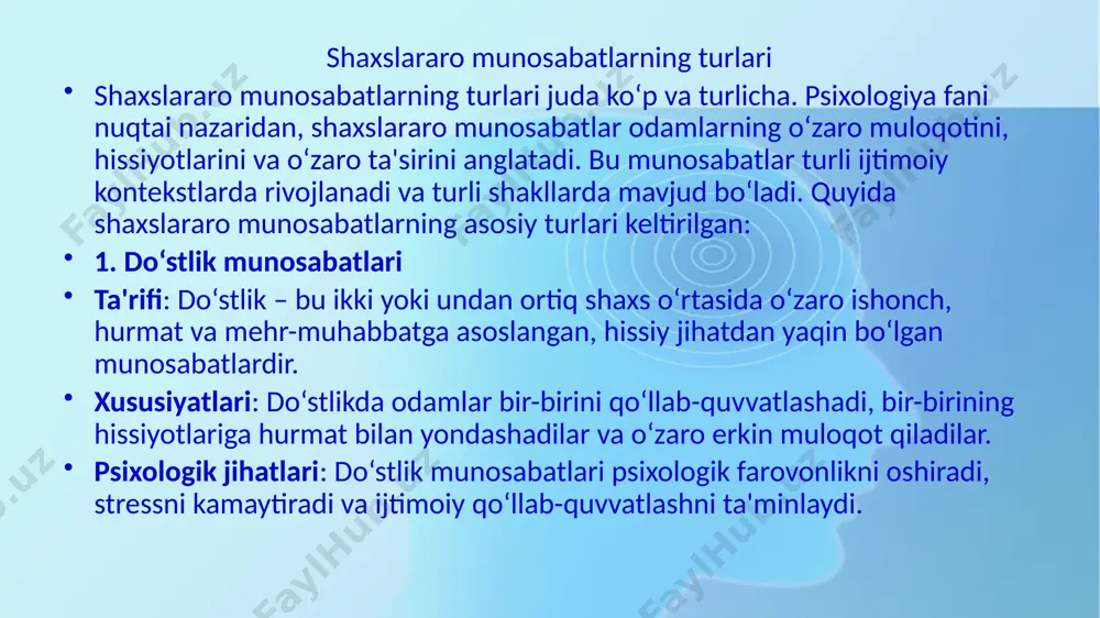 ari, ehtiyojlar, qiymatlar farqlari) sababli paydo bo‘ladi. psixologik jihatlari: konfliktli munosabatlar stressni kuchaytiradi, ammo ularni hal qilish orqali shaxslar o‘zaro tushunish va munosabatlarni yaxshilashlari mumkin. shaxslararo munosabatlarning psixologik asoslari shaxslararo munosabatlarning psixologik asoslari odamlarning o‘zaro aloqalari, his-tuyg‘ulari va xatti-harakatlarini tushunishga yordam beradi. psixologiya fani nuqtai nazaridan, shaxslararo munosabatlar psixologik jarayonlarning murakkab tizimidir, ularni tushunish uchun bir nechta asosiy psixologik omillarni hisobga olish kerak. quyida shaxslararo munosabatlarning psixologik asoslarini ko‘rib chiqamiz: 1. kommunikatsiya ta'rifi: kommunikatsiya – bu shaxslar o‘rtasidagi fikr, ma'lumot, hissiyot va tajribalar almashinuvi. kommunikatsiya orqali odamlar bir-birini tushunishadi, o‘zaro bog‘lanadilar va munosabatlarni rivojlantiradilar. xususiyatlari: kommunikatsiya til orqali bo‘lishi mumkin, lekin non-verbal (so‘zsiz) kommunikatsiya, ya'ni mimikalar, qo‘l harakatlari, tana tili va boshqalar ham muhim rol o‘ynaydi. psixologik jihatlari: effektiv muloqot o‘zaro tushunishni mustahkamlaydi, stressni kamaytiradi va muammolarni hal qilishda yordam beradi. kommunikatsiya xatolari esa noto‘g‘ri tushunish, ziddiyatlar va konfliktlarga olib kelishi mumkin. 2. empatiya ta'rifi: empatiya – bu boshqalar his-tuyg‘ularini, …