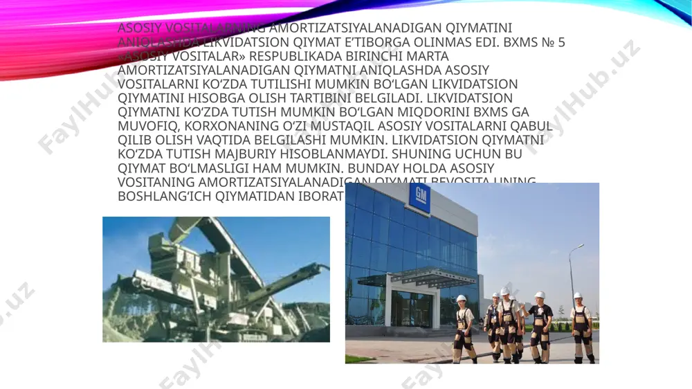 tilib borilishini tekshiradi. 1998 yil 1 yanvardan asosiy vositalarga belgilangan yillik eskirish me’yorlari besh guruhga ajratilib, ular 20, 15, 10, 8, 5% miqdorda joriy etilgan. asosiy vositalarga amortizatsiya hisoblash quyidagi tartibda bo’ladi: -korxonaga kirim qilingan asosiy vositalarga eskirish hisoblash kirim qilingan sananing kelgusi birinchi sanasidan boshlab eskirish hisoblana boshlaydi. -hisobdan chiqarilgan asosiy vositalarga ham eskirish kelgusi oyning birinchi sanasidan boshlab hisoblanmaydi. kamayib borayotgan qoldiq usuli. bu usulda har qanday ko’paytirilayotgan stavka qo’llaniladi, ko’pincha to’g’ri chiziqli usulda qo’llaniladigan ikki karrali stavka qo’llaniladi. xizmat muddati 5 yil bo’lganda, amortizatsiya me’yori 20% (100%g`5 q20) ni tashkil qiladi. kamayib borayotgan qoldiq usulida me’yor 20x2q40% bo’ladi. hisobga olingan bu stavka 40% har yil oxiridagi qoldiq qiymatga tengdir. misol: jamlangan eskirish 1 yil oxiri 160 000 x 40 q 64 000 64 000 2 yil oxiri 96 000 x 40 q 38 000 102 400 3 yil oxiri 57 600 x 40 q 23 040 125 …