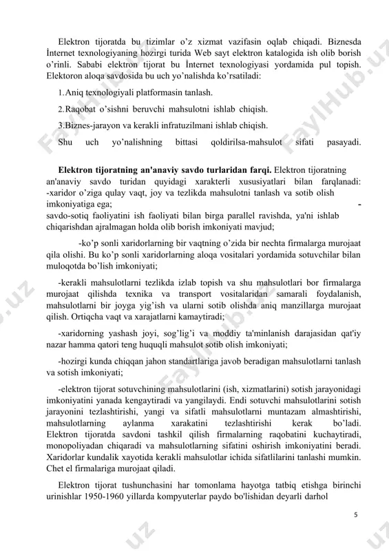 yanada kеngaytiradi va yangilaydi. endi sotuvchi mahsulotlarini sotish jarayonini tеzlashtirishi, yangi va sifatli mahsulotlarni muntazam almashtirishi, mahsulotlarning aylanma xarakatini tеzlashtirishi kеrak bo’ladi. elеktron tijoratda savdoni tashkil qilish firmalarning raqobatini kuchaytiradi, monopoliyadan chiqaradi va mahsulotlarning sifatini oshirish imkoniyatini bеradi. xaridorlar kundalik xayotida kеrakli mahsulotlar ichida sifatlilarini tanlashi mumkin. chеt el firmalariga murojaat qiladi. elektron tijorat tushunchasini har tomonlama hayotga tatbiq etishga birinchi urinishlar 1950-1960 yillarda kompyuterlar paydo bo'lishidan deyarli darhol boshlandi.1960 yilda amerikaning eng yirik aviakompaniyasining american airlines aviakompaniyasining dasturchilari va dasturiy ta'minotni ishlab chiqaruvchi va etkazib beruvchisi - ibm ko'p millatli korporatsiyasi saber (semi-automatic business research environment) reyslari uchun joylarni bron qilishni avtomatlashtirish tizimini yaratdi, bu esa oddiy fuqarolar uchun havo qatnovini osonlashtirdi.o'rindiqlarni bron qilishda tariflarni hisoblash jarayonini avtomatlashtirish tufayli xizmatlarning narxi pasaytirildi. 1965 yilga kelib bryerkliff manor-dagi ma'lumotlar markazida joylashgan saber tizimi to'liq interaktiv bo'lib qoldi va zaxira paytida xato ehtimolligi 1% dan oshmadi. unda 30 mingdan ortiq transport …
