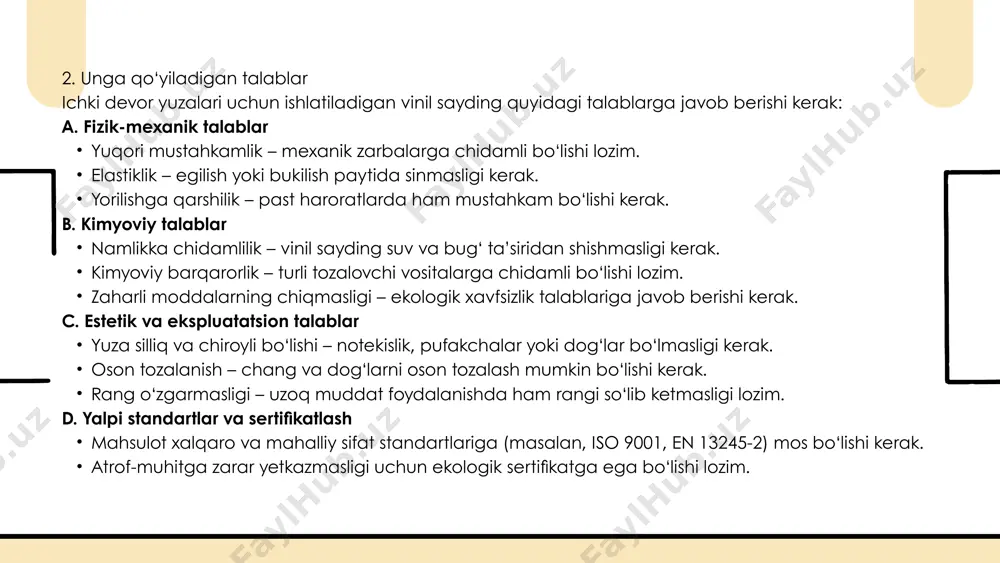 dioksid (tio₂) va karbonat angidrid qo‘shish – deformatsiya va yoriqlarga chidamliligini oshiradi. sovutish jarayonini yaxshilash – sekin va bir xil sovitish (gradual cooling) strukturaning mustahkam bo‘lishini ta’minlaydi. 2. kimyoviy xossalarni yaxshilash ✅ namlikka va kimyoviy ta’sirlarga chidamlilikni oshirish uchun: antifungal va antibakterial qo‘shimchalar – mog‘or va zamburug‘larning paydo bo‘lishining oldini oladi. kimyoviy inert stabilizatorlar – sayding tarkibiga maxsus stabilizatorlar qo‘shish uning ish faoliyatini yaxshilaydi. pvdf (poliviniliden ftorid) qoplama – kimyoviy moddalarga bardoshlilikni oshiradi. 3. issiqlik va akustik xossalarni yaxshilash ✅ issiqlik izolatsiyasini oshirish uchun: ichki strukturaga ko‘pik (foam-core) qo‘shish – ichki qismi qisman g‘ovak bo‘lsa, issiqlikni saqlash xususiyati ortadi. qo‘shimcha termal stabilizatorlar qo‘shish – yuqori yoki past haroratlarda o‘z xossalarini yo‘qotmasligi uchun. ✅ yong‘inga chidamliligini oshirish uchun: olovni tarqatmaydigan (fire-retardant) qo‘shimchalar – xlor yoki fosforli moddalar yonish jarayonini sekinlashtiradi. 4. estetik va ekspluatatsion xossalarni yaxshilash ✅ rang barqarorligini oshirish uchun: titan dioksid (tio₂) va uv-filtrlar qo‘shish – quyosh nuri ta’sirida …