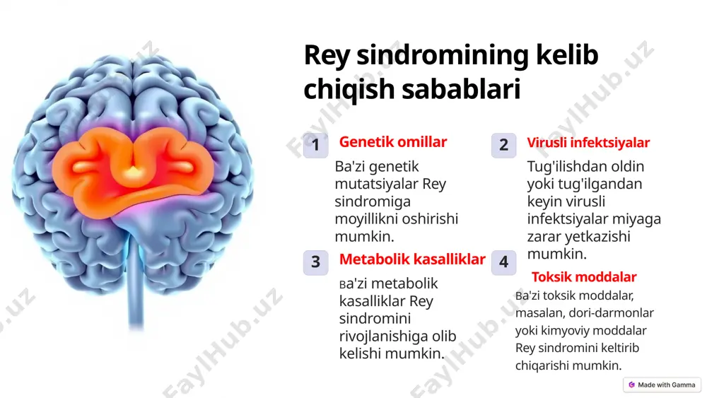 tq terapiyasi, jismoniy terapiya va psixologik yordam kabi reabilitatsiya dasturlari taklif etiladi. ta'lim va qo'llab-quvvatlash ota-onalar va o'qituvchilar rey sindromini tushunish va bolani qo'llab-quvvatlash uchun ma'lumot va yordam oladilar. rey sindromini oldini olish yullari homiladorlik davrida sog'lom turmush tarzi homiladorlik davrida to'g'ri ovqatlanish va sog'lom turmush tarzini olib borish miya rivojlanishiga ijobiy ta'sir qiladi. vaktsinalarni o'z vaqtida qabul qilish ba'zi virusli infektsiyalar rey sindromining rivojlanishiga olib kelishi mumkin, shuning uchun vaktsinalarni o'z vaqtida qabul qilish muhim. bolalarning sog'lig'ini nazorat qilish bolalarni muntazam ravishda tibbiy ko'rikdan o'tkazish har qanday muammoni erta aniqlashga yordam beradi. rey sindromi bilan kasallangan bolalarning reabilitatsiyasi nutq terapiyasi nutq buzilishini tuzatish va muloqot qobiliyatini rivojlantirishga yordam beradi. jismoniy terapiya harakatlarni nazorat qilishni yaxshilash va mushaklarning kuchini oshirishga yordam beradi. kasb-hunar terapiyasi kundalik hayotda mustaqil ravishda bajarishga yordam beradigan amaliy ko'nikmalarni o'rgatish. rey sindromi bilan kasallangan bolalar uchun psixologik yordamlar psixologik yordam bolaning psixologik holatini yaxshilashga, stressni kamaytirishga …