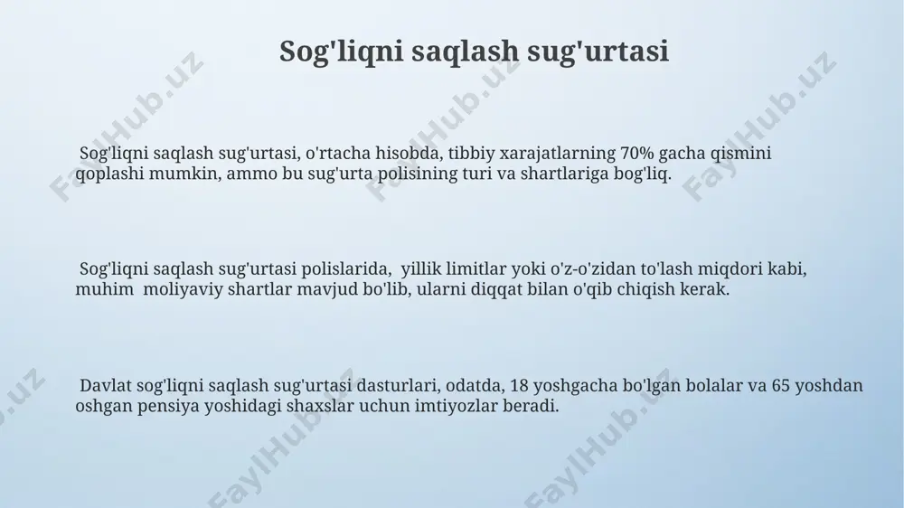 tda, 10,000 dan 100,000 aqsh dollarigacha bo'lgan miqdordagi tibbiy xarajatlarni qoplashi mumkin, bu sug'urta polisi shartlariga bog'liq. sayohat sug'urtasining narxi sayohatning davomiyligi, manzili va tanlangan qoplama darajasiga qarab, kuniga 2 dollardan 20 dollargacha o'zgarib turadi. ko'plab sayohat sug'urta paketlari bekor qilish to'lovlari, kechikishlar va yo'qotilgan buyumlar uchun ham qoplashni o'z ichiga oladi, bu miqdorlar 500 dollargacha yoki undan ko'p bo'lishi mumkin. sug'urta nima? sug'urta polisining narxi, ya'ni sug'urta badali, xavf darajasi, sug'urta summasi va sug'urta muddati kabi omillarga bog'liq bo'lib, odatda yillik hisoblanadi. sug'urta – bu kelajakdagi noaniq moliyaviy xavflarga qarshi himoya vositasi bo'lib, 100 dan ortiq turdagi xavflarni, masalan, yong'in, avtohalokat yoki kasallikni qamrab oladi. sug'urta shartnomasi 2 tomonlama hujjat bo'lib, sug'urta kompaniyasi mijozga aniq miqdorda pul to'lash majburiyatini oladi, agar belgilangan xavf yuz bersa. kasb-hunar sug'urtasi sug'urta kompaniyalari kasb-hunar sug'urtasi bo'yicha 500 000 so'mdan 5 000 000 so'mgacha bo'lgan miqdordagi to'lovlarni qoplashni kafolatlashlari mumkin. kasb-hunar sug'urtasi, o'rtacha 15-25 …