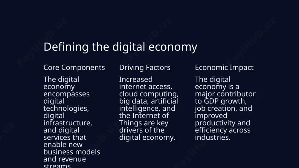 e reliable connectivity will enable new real-time applications and services. increased adoption of ai and automation ai-powered technologies will streamline processes, enhance decision-making, and create new business models. growth of the gig economy flexible, on-demand work facilitated by digital platforms will transform traditional employment models. heightened focus on sustainability digital solutions will play a crucial role in addressing environmental challenges and promoting sustainability. 5 challenges and barriers to digital economy growth digital divide unequal access to digital technologies and infrastructure can exacerbate social and economic inequalities. cybersecurity risks increasing cyber threats and data breaches pose a significant challenge to the security and privacy of digital systems. regulatory hurdles outdated or fragmented regulations can hinder the development and adoption of new digital technologies. 6 best practices and case studies singapore's smart nation initiative investing heavily in 5g, iot, and digital public services to transform the city-state into a leading digital economy. …