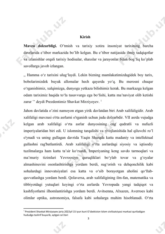 oxunov tomonidan yozilgan,,dunyodagi islom omili tarixiy jarayon'' kitobida arab xalifaligi haqida toʻliq maʼlumot berilib 19asrgacha islom olami rivojlanib kelgani aks etgan. ,,muhammad payg’ambar qissasi", hadislar orqali payg'ambarimiz hayotiy faoliyati yoritilib oʻtgan. f.sulaymonovaning “sharq va g'arb” monografiyasida arab-musulmon madaniyatini yaxlit holda tadqiq etganligini alohida takidlash zarur. shuningdek, b.abduhalimovning “bayt al-hikma va markaziy osiyo olimlarining bag'doddagi ilmiy faoliyati” kitobida o'rta asr manbalarida saqlangan “bayt alhikma” haqidagi malumotlar jamlangan, ular ilk bor atroflicha yoritilib, mazkur ilmiy markazning tashkil topishi, tarkibiy tuzilishi, vazifalari va taraqqiyoti haqida so'z yuritiladi. kurs ishining maqsadi vazifalari. oʻrta asrlarda arab xalifaligini oʻrganishda arab -musulmon dunyosining tarixiy, siyosiy, diniy, ijtimoiy, madaniy rivojlanishini oʻrganish uchun quydagi maqsad va vazifalarni belgilab oldim. · arabiston yarim orolining islomdan oldingi hayotini oʻrganish; · arab xalifaligini vujudga kelishi; · xalifalik hududining kengayishi; · ummaviylar davrida arab-musulmon madaniyati; · abbosiylar davrida arab-musulmon madaniyati shakllanishi; shuningdek, bu mavzuni o`rganishda tarixiy voqea va hodisalarga obyektivlik va haqqoniylik tamoyillariga …