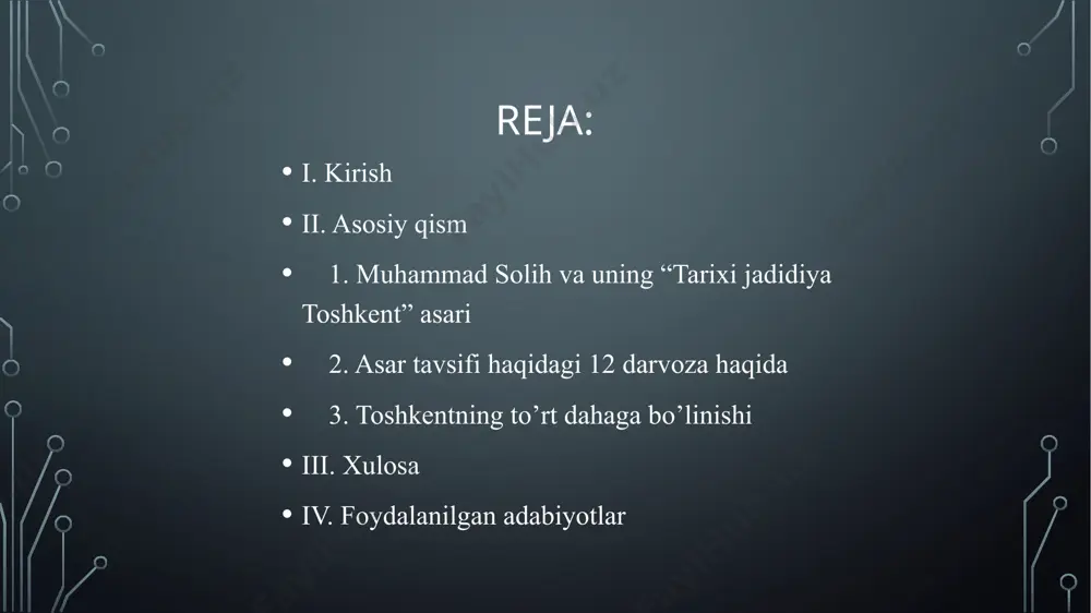 igiga bo‘ysungan. asarda bu davr voqealari, xususan, shahar aholisi va xonlik o‘rtasidagi munosabatlar yoritilgan. muhammad solihning o‘qish yillari muhammad solih o‘z ta'limini toshkent, qo‘qon, buxoro va boshqa shaharlardagi madrasalarda davom ettirgan. toshkentning geografik o‘rni shahar sir daryosi bo‘yida joylashgan bo‘lib, savdo yo‘llari uchun muhim ahamiyatga ega edi. muhim tarixiy voqealar xix asrda toshkentda xalq qo‘zg‘olonlari, shuningdek, turli tabiiy ofatlar, jumladan zilzilalar va suv toshqinlari sodir bo‘lgan. muhammad solih va asarning yozilish sabablari muhammad solih toshkent tarixini yozishga bo‘lgan qiziqishi va do‘stlarining iltimoslari sababli asarni yaratishga kirishgan. toshkentning madaniyati asarda toshkentdagi madaniy hayot, jumladan, masjidlar, madrasalar va ilmiy markazlar haqida ma'lumot berilgan. asardagi muhim qahramonlar muhammad solih o‘z asarida toshkentning siyosiy va diniy hayotida muhim o‘rin tutgan shaxslarni ham yoritib o‘tgan. toshkentdagi shahar qurilishi shaharning ma'muriy bo‘linmalari, mahallalari va turar joylari haqida batafsil ma'lumotlar keltirilgan. xix asr toshkenti haqida xix asr toshkenti iqtisodiy jihatdan rivojlangan va madaniy markazlardan biri edi. bu …