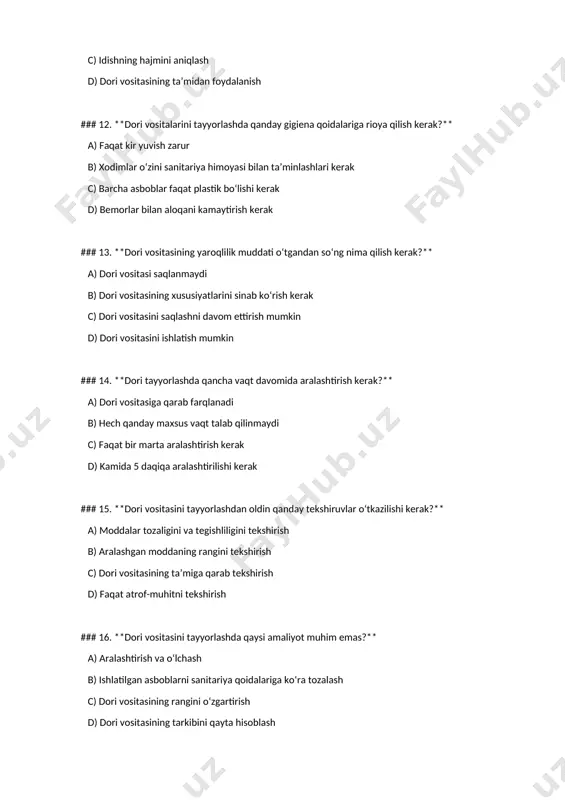 vositasining tarkibini qayta hisoblash ### 17. **tayyorlangan dori vositasini qanday usulda qadoqlash kerak?** a) qadoqlashda faqat rasmiy etiketalarga e’tibor berish kerak b) dori vositasining xarakteristikalariga mos ravishda c) har qanday qadoqlash usuli bilan d) plastik idishlar bilan qadoqlash zarur ### 18. **dori vositasining saqlanishi uchun qanday qoidalar muhim?** a) saqlash joyining faqat quruq bo‘lishi kerak b) saqlash joyining tumanli bo‘lishi kerak c) dori vositasining saqlanishi uchun faqat bir xil harorat kerak d) harorat va namlik sharoitlariga diqqat qilish zarur ### 19. **suyuqlik dori vositalarini tayyorlashda qaysi usul ishlatiladi?** a) aralashtirish va suyuqlikni qizdirish b) suyuqlikni faqat yopish bilan tayyorlash c) aralashmagan moddalarni birlashtirish d) kuruq moddalardan foydalanish ### 20. **dori vositasining sifatini qanday tekshirish mumkin?** a) faqat dori vositasining rangi yordamida b) yalpi tekshiruvlar yordamida c) analizlar va laborator tekshiruvlar orqali d) dori vositasini sinovdan o‘tkazmasdan ### 21. **dori vositasining faolligi qanday aniqlanadi?** a) faqat amaliy sinovlar orqali b) xususiy …