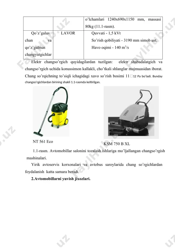 cha, bosimi 1,4-1,6 mpa hozirgi kunda ko’rsatilgan shlangali yuvish jihozlarining ko’pgina takomillashgan turlari ishlab chiqarilmoqda. ularda yuvish aralashmasining haroratini ko’tarish uchun maxsus isitgichlar qo’llanilgan. jihoz yuvilayotgan yuzaga 80 (s da isitilgan suv zarrachasini 5-7 mpa bosimda va 140(s da isitilgan bu’gli zarrachani 1,4-1,6 mpa bosimda yetkazib beradi. havoning issiq paytlarida isitgich o’chirilib suv yoki yuvish aralashmasi sovuq holda ham yetkazib berilishi mumkin. isitgichli jihoz ko’p funksiyali bo’lib, ular avtomobillarning sirtini, tagini yuvishdan tashqari ularning dvigatellarini, yechilgan agregatlarni b va ularni bo’laklarga ajratilganda detallarni, salonning devorlari va pollarini yuvishda ishlatilishi mumkin. bir necha turda ishlab chiqariladigan bu jihozlar suvni 750-3000 l(s hajmda yetkazib berishi mumkin. zarrachali yuvish qurilmasi asosan yuk avtomobillari, o’zito’kkichlar, tirkama va yarim tirkama bilan ishlovchi avtomobillarni yuvish uchun mo’ljallangan. 1.3-rasi. yengil avtomobillarni zarrachali yuvish jihozlari m129 rusumli qo’z’galmas avtomat ravishda boshqariluvchi zarrachali yuvish jihozi yuvish postining ikki tomoniga o’rnatilgan ikkita oldingi-2 va ikkita orqa-3 yuvish mexanizmlaridan, hamda suv …