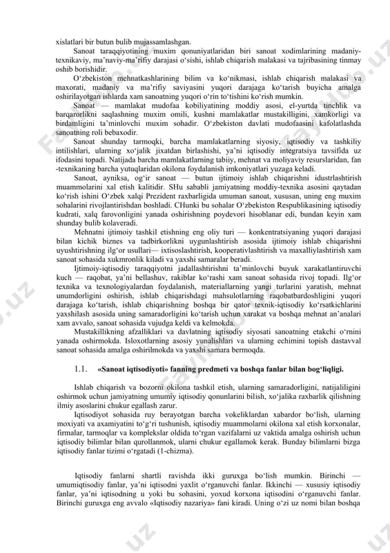 davlatining vujudga kelishi bilan xunarmandchilik yana rivoj topgan. buxoro, samarkand, xiva, toshkent, shaxrisabz kabi shaxarlarning ishlab chiqarish munosabatlarida xunarmandchilik aloxida axamiyat kasb etgan. xviii asrning 60-70-yillarida angliyada ruy bergan sanoat tuntarilishidan keyin o‘zbekistonda asta-sekin manufakturadan mashinalashgan industriyaga o‘tish boshlandi. xomashyoga birlamchi ishlov beradigan sanoat sohalari (paxta tozalash, ipak tortish, vino, konserva, moy zavodlari) vujudga keldi. xix asr oxiriga kelib, o‘zbekistonda xunarmandchilikning 30 ga yakin turi rivojlangan. xx asr boshlarida esa xunarmandchilikning asosiy qismi artellarga, keyinchalik zavod va fabrikalarga, badiiy buyumlar korxonalariga aylantirilgan. xx asrda o‘zbekiston sanoatida juda katta o‘zgarishlar ruy berdi. agar asr boshlarida sanoat mahsulotining eng muxim turlaridan 5-10 xili (paxta tolasi, xom ipak, o‘simlik moyi, uzum vinosi, gitttt, ganch va boshqalar) ishlab chiqarilgan bo‘lsa, asr oxiriga kelib yuzlab-minglab turlari tayyorlanmokda. sanoat moddiy ishlab chiqarishning asosiy va etakchi tarmog‘idir. sanoatning vujudga kelishi va rivojlanishi ishchilar sonining oshishi va uning jamiyatdagi mavqe ko‘tarilishiga olib keladi. mustakillik davrida jamiyatni tarixiy jixatdan …