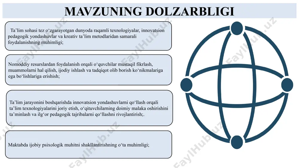 ary 2024 by doston hamidov visible learning by john hattie ‎the sequel 2023 · ‎infographics archives · https://amzn.eu/d/isztxyo mavzuning maqsadi maktabda nomoddiy resurslardan samarali foydalanish orqali ta’lim sifatini yaxshilash. o‘quvchilarning intellektual va ijodiy salohiyatini rivojlantirish: o‘quvchilarga mustaqil fikrlash va innovatsion yondashuvlarni o‘rgatish. ijodiy to‘garaklar, tadqiqot loyihalari va fan olimpiadalarida ishtirok etishga rag‘batlantirish.o‘quvchilarning individual qobiliyatlarini aniqlash va ularni rivojlantirish uchun sharoit yaratish. vazifalar zamonaviy ta’lim metodlarini joriy etish: interaktiv dars usullaridan foydalanish (stem, steam, loyiha usuli). axborot texnologiyalari va raqamli resurslardan foydalanish. o‘qitish jarayonida ijodkorlik va muammolarni hal qilish ko‘nikmalarini shakllantirish. innovatsion boshqaruv tizimini shakllantirish: maktab rahbariyatining samarali boshqaruv strategiyalarini joriy etish. o‘qituvchilar va o‘quvchilar o‘rtasida ochiq muloqotni yo‘lga qo‘yish.ta’lim jarayonining sifatini baholash va takomillashtirish mexanizmlarini ishlab chiqish. o‘quvchilarda milliy va umuminsoniy qadriyatlarni shakllantirish:tarbiya jarayonida ma’naviyat va axloqiy qadriyatlarga alohida e’tibor qaratish. milliy madaniyat va an’analarni o‘quvchilar orasida targ‘ib qilish. ijtimoiy mas’uliyat va vatanparvarlik tuyg‘usini shakllantirish. mavzu yuzasidan xorijiy tajribalarning o‘rganilganligi …