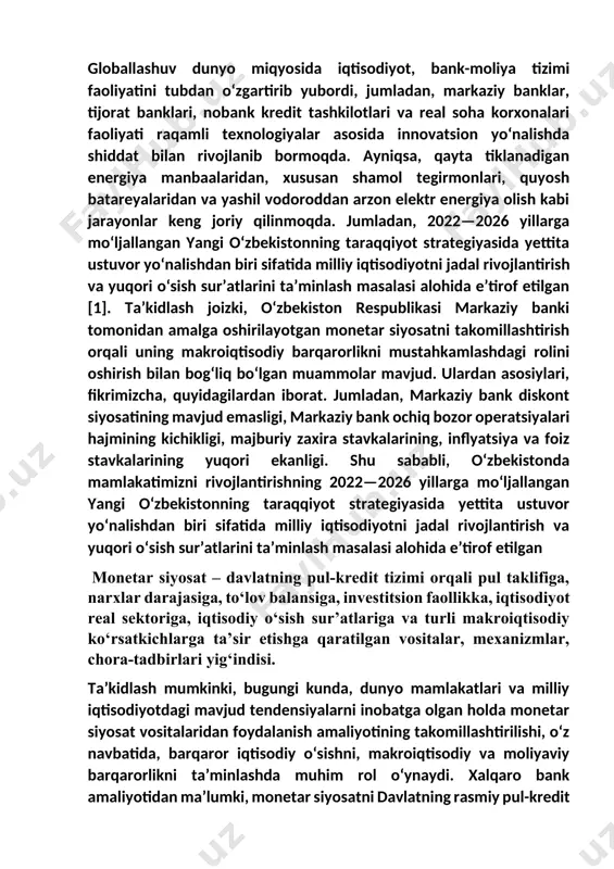 ilgan vositalar, mexanizmlar, chora-tadbirlari yig‘indisi. ta’kidlash mumkinki, bugungi kunda, dunyo mamlakatlari va milliy iqtisodiyotdagi mavjud tendensiyalarni inobatga olgan holda monetar siyosat vositalaridan foydalanish amaliyotining takomillashtirilishi, o‘z navbatida, barqaror iqtisodiy o‘sishni, makroiqtisodiy va moliyaviy barqarorlikni ta’minlashda muhim rol o‘ynaydi. xalqaro bank amaliyotidan ma’lumki, monetar siyosatni davlatning rasmiy pul-kredit organi, ya’ni markaziy bank amalga oshiradi. markaziy bank, eng avvalo, o‘z ixtiyoridagi monetar vositalardan foydalangan holda tijorat banklarining balansiga bevosita ta’sir o‘tkazadi va bank tizimi likvidliligi o‘zgaradi. bu esa, kredit va pul multiplikatori orqali, iqtisodiyotda rezerv pullar, pul massasi, umumiy pul taklifining o‘zgarishiga, iqtisodiyot real sektoriga, moliya bozoriga va investitsion faollikga bevosita ta’sir qiladi. monetar siyosat vositalaridan foydalanish masalasi iqtisodiy adabiyotda iqtisodchi olimlar tomonidan chuqur tadqiq qilingan va tegishli ilmiy xulosalar hamda amaliy tavsiyalar shakllantirilgan. jumladan, m.fridmenning xulosasiga ko‘ra, pul taklifini boshqarish uchun markaziy bank yetarlicha imkoniyatga ega va shu bilan birga inflyatsiya ko‘p omilli jarayon emas, degan xulosaga keladi[2]. ushbu xulosa shunga …