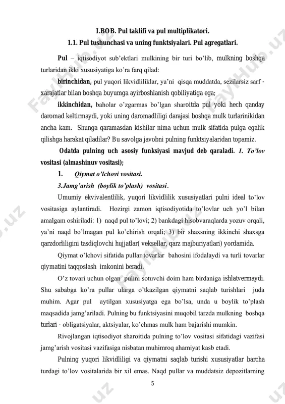atlarda davlat pul chiqarishda monopol huquqqa ega.. uni amalga oshirish huquqi nisbatan mustaqil muassasa markaziy bank ixtiyorida. “markaziy bank o’zbekiston respublikasi hududida qonuniy to’lov vositasi sifatida banknotlar va tangalar ko’rinishidagi pul belgilarini muomalaga chiqarish mutlaq huquqiga ega”. ammo pul taklifini ko’paytirish imkoniga yoki pul yaratish qobiliyatiga tijorat banklari ham ega. ular kreditlar bera borib, to’lov vositalari emissiyasini yoki kredit multiplikatsiyasini amalga oshiradi. masalan, a bankning depoziti 2000 so’mga o’sgan bo’lsa, zahira normasi 20 % ga teng bo’lganda 1 саидова г., шадыбаев т. макроэкономика т., ипак «шарк» 2003, 34 -с 7 (zahira normasi – tijorat banklar depozitlarining ma’lum qismini markaziy bankda saqlab turish normasi), u 400 so’mni markaziy bankda zahiralab, qolgan 1600 so’mni qarzga beradi. shunday qilib, a bank pul taklifini 1600 so’mga ko’paytiradi va u endi 2000+1600=3600 so’mni tashkil etadi. ya’ni, omonatchilarning depozitlardagi 2000 so’mdan tashqari yana 1600 so’m qarz oluvchilar qo’lida qoladi. agar, 1600 so’m yana banka tushsa, (masalan, …