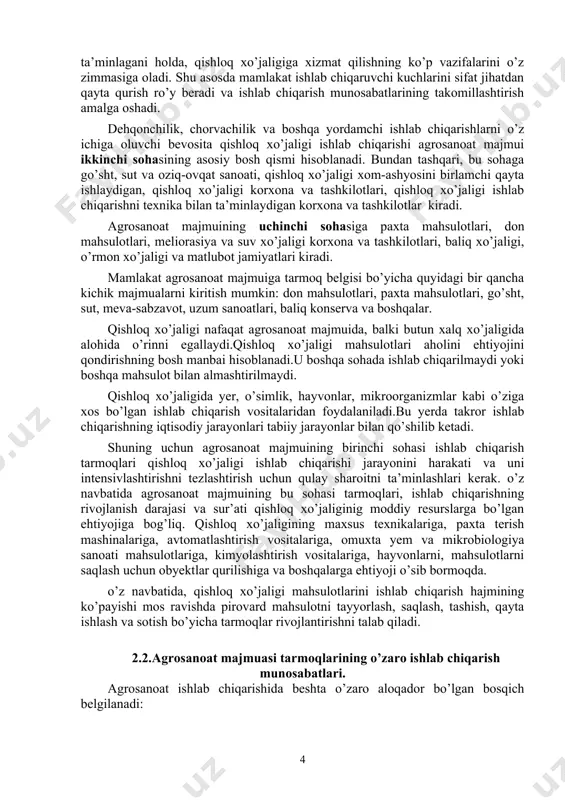 uammosini hal qilish va unga bo’lgan iste’molni ilmiy asoslangan me’yorlarga yaqinlashtirish; · aholini qishloq xo’jalik xom – ashyosidan tayyorlanadigan oziq-ovqat bo’lmagan tovarlarga bo’lgan talabini qondirish; · agrosanoat majmui korxonalarini rivojlantirishning intensiv shakliga o’tkazish va shu asosda pirovard mahsulot ishlab chiqarishni o’stirishni ta’minlash; · barcha tarmoq va korxonalarda mavjud resurslar potensialidan foydalanishni yaxshilash va shu asosda ishlab chiqarish samaradorligini oshirish; · tashqi savdo oboroti strukturasini, oziq-ovqat mahsulotlarini ko’proq chetga chiqarish hisobiga o’zgartirish. agrosanoat majmui o’z ichiga uchta sohani qamrab oladi: birinchi sohaga, qishloq xo’jaligini ta’minlaydigan sanoat tarmoqlari, shuningdek, yengil, oziq-ovqat sanoati va ishlab chiqarish vositalarini tayyorlash tizimi kiradi. sanoatning bu tarmoqlari ishlab chiqarish jarayonini resurslar bilan ta’minlaydi, qishloq xo’jaligini sanoatlashtirish uchun va tayyorlovchi tizim va qayta ishlovchi sanoatda texnika taraqqiyoti uchun baza yaratadi. bundan tashqari sanoat tarmoqlari, qishloq xo’jaligi mahsulotini ishlab chiqarishning davriyligini ta’minlagani holda, qishloq xo’jaligiga xizmat qilishning ko’p vazifalarini o’z zimmasiga oladi. shu asosda mamlakat ishlab chiqaruvchi kuchlarini sifat …