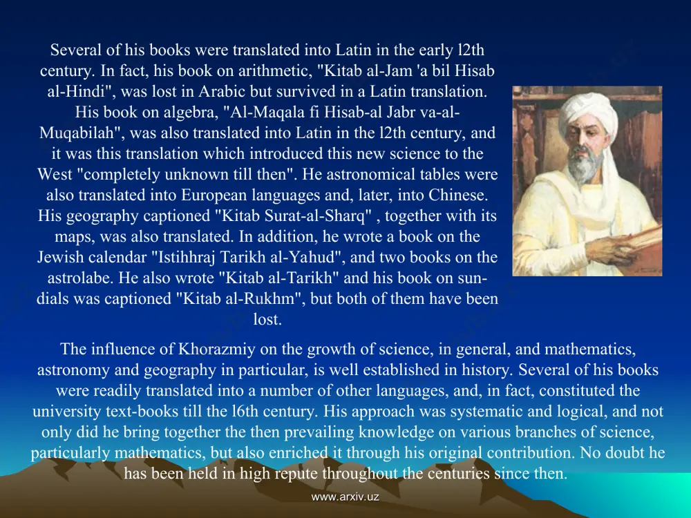 ukhm", but both of them have been lost. www.arxiv.uz www.arxiv.uz ulugh beg 1394-1449 tartar astronomer and mathematician ulugh beg made samarkand one of the leading cultural and intellectual centers of the world. in that city he established a madrasa (islamic institution of higher learning) that emphasized astronomical studies. he also constructed an observatory that became the leading center for astronomical research in the fifteenth century. working with his assistants, he produced the important zij-i djadid sultani astronomical tables and star catalog. the grandson of the tartar conqueror tamerlane, ulugh beg was born in sultaniyya (in modern iran), on march 22, 1394. his birth name, muhammad taragay, was immediately superseded by the cognomen ulugh beg, meaning "great prince." in 1409 ulugh beg's father, shah rukh, appointed him governor of maverannakr (present-day southeastern uzbekistan), the chief city of which was samarkand. though actively engaged in the economic, political, and military affairs of …