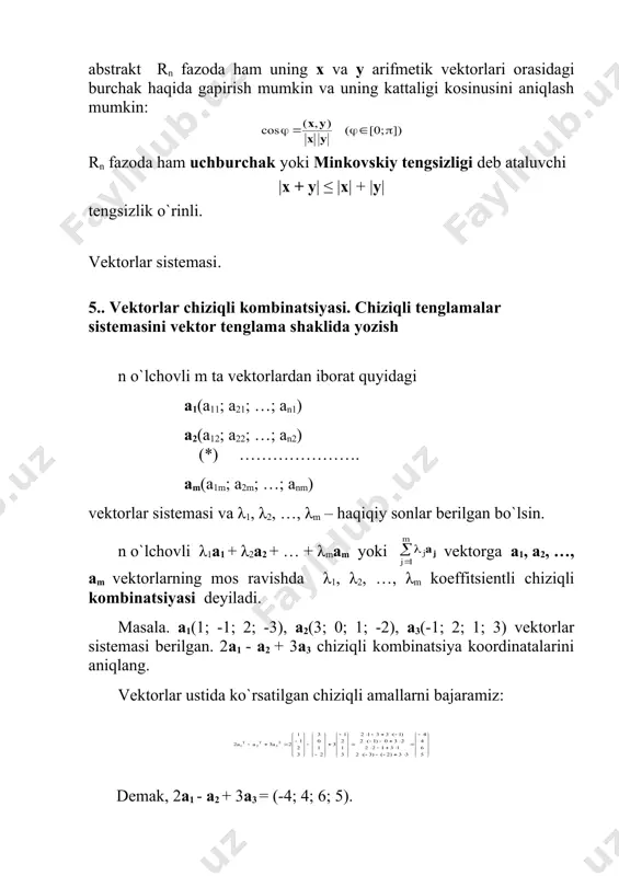 ≤ |x| + |y| tengsizlik o`rinli. vektorlar sistemasi. 5.. vektorlar chiziqli kombinatsiyasi. chiziqli tenglamalar sistemasini vektor tenglama shaklida yozish n o`lchovli m ta vektorlardan iborat quyidagi a1(a11; a21; …; an1) a2(a12; a22; …; an2) (*) …………………. am(a1m; a2m; …; anm) vektorlar sistemasi va λ1, λ2, …, λm – haqiqiy sonlar berilgan bo`lsin. n o`lchovli λ1a1 + λ2a2 + … + λmam yoki vektorga a1, a2, …, am vektorlarning mos ravishda λ1, λ2, …, λm koeffitsientli chiziqli kombinatsiyasi deyiladi. masala. a1(1; -1; 2; -3), a2(3; 0; 1; -2), a3(-1; 2; 1; 3) vektorlar sistemasi berilgan. 2a1 - a2 + 3a3 chiziqli kombinatsiya koordinatalarini aniqlang. vektorlar ustida ko`rsatilgan chiziqli amallarni bajaramiz: demak, 2a1 - a2 + 3a3 = (-4; 4; 6; 5). vektorlar ustida chiziqli amallardan foydalanib, vektorlar tengligi ta`rifiga asoslanib, m noma`lumli n ta chiziqli tenglamalar sistemasi normal ko`rinishini quyidagicha yoki yoki (1) vektor shaklda yozish mumkin. (1) tenglik chiziqli tenglamalar …