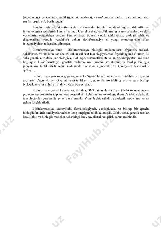 etib, biologik ma'lumotlar tahlil qilishda va biologik modellar tuzishda yordam beradi. bu maqsadlar va vazifalar, bioinformatikaning biologik fanlarda ko'plab savollarni hal qilish va barcha yonalishlarda ilmiy rivojlanishda ahamiyatga ega bo'lishini ta'minlaydi. zamonaviy bioinformatsion ma'lumotlarning asosiy qismi genetik matnlar, genomlar, proteinlar, va boshqa biologik modellarni o'z ichiga olgan ma'lumotlar bo'ladi. bu ma'lumotlar, biologik tizimlarning tuzilishi, faoliyatini, va erkinliklarini tushuntirish uchun foydalaniladi. bioinformatsiya, biologiya va axborot texnologiyalari sohasidagi birlashtirilgan fan sari. bioinformatsiya, genetik ma'lumotlarni o'rganish, o'rganilgan ma'lumotlarni saqlash, o'rnatsa boshqa ma'lumotlar bilan solishtirish va ma'lumotlar tahlili (analiz) qilish uchun matematik, statistika va axborot texnologiyalarni qo'llaydi. bu, biologik materiallardagi genetik o'zgarishlarni (mutatsiyalarni), genetik tuzilmalarni o'rganish va korxonalarni tuzish, tahlil qilish, va yana boshqa ko'plab biologik savollarni hal qilishda yordam beradi. bioinformatsion ma'lumotlar bazalari, genetik ma'lumotlarni o'rganish va saqlash uchun o'zaro bog'langan ma'lumotlar bazalarini o'z ichiga oladi. ular genomlar, proteinlar, gen ekspresiyasi, va boshqa biologik ma'lumotlarni o'z ichiga olish uchun mo'ljallangan. bioinformatsiya sohasidagi qiziqarli …