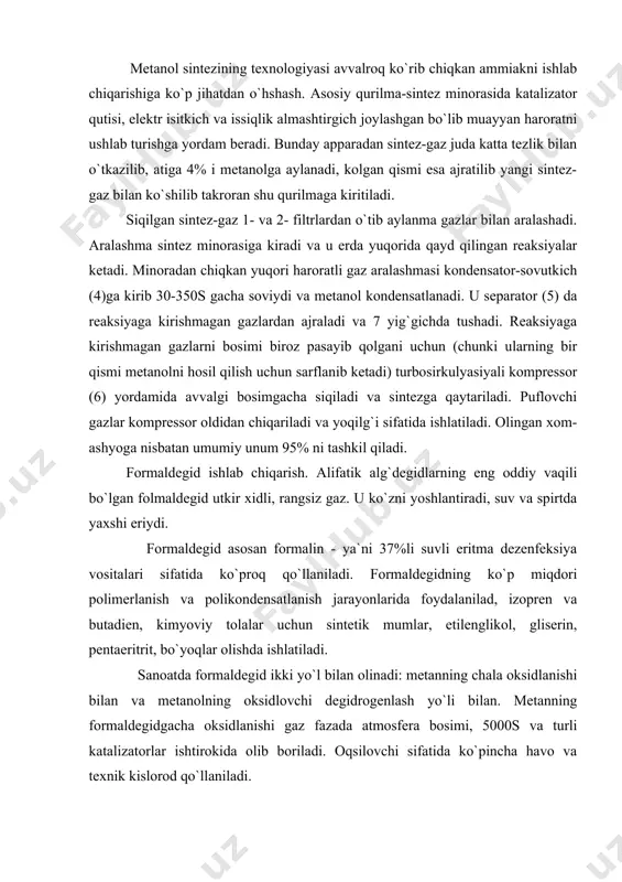 ko`pincha havo va texnik kislorod qo`llaniladi. metanning to`liq bo`lmagan oksidlanishida avvaliga metanol, undan esa formaldegid hosil bo`ladi. oksidlanishni davom ettirsa, hosil bo`lgan formaldegid uglerod (ii)-oksid va suvni hosil qiladi: shuning uchun reaksiya (2)-tenglama buyicha borishi uchun mis va kumush, shuningdek azot oksidlarini katalizator sifatida qo`llanilib, jarayon formaldegid hosil bo`lishiga qaratiladi. lekin bu yo`lda formaldegidni unumi juda kam, shuning uchun sanoatda asosiy yo`l - bu metanolni oksidlovchi degidrogenlash. jarayon ikki bosqichda boradi. reaksiya buyicha formaldegidning 90% ga yaqin miqdori hosil bo`ladi. nazariyaga binoan harorat ko`tarilishi bilan (4)-reaksiya buyicha unum ko`payishi kerak edi, lekin bunda uning parchalanishi ham sodir bo`ladi: ch3oh+0,5o2hcoh+h2o (4) reaksiya buyicha unum faqatgina chiqayotgan vodorodni bog`laydigan kislorod ishtirokida ko`payadi. asetilen ishlab chiqarish va u asosidagi sintezlar. asetilen - toza holda biroz efirni xidini eslatuvchi xidga ega bo`lgan rangsiz gaz. u - 83,60s da suyuqlanadi va suyuq holatda saklanishi uchun yuqori bosimni talab qiladi. asetilen suvda yaxshi eriydi, masalan, 180s …