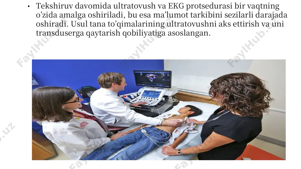eradi. ko'rish maydoni ekokardiyografiya (echocg) yurakni, uning kameralarini, klapanlarini, endokardni va boshqalarni tekshirish imkoniyatini beradi. ultratovush yordamida, ya'ni. ultratovushning radiatsiya diagnostikasining eng keng tarqalgan usullaridan birining bir qismidir ultratovush sensori ultrasonik transduserning asosiy komponenti bir yoki bir nechta piezoelektrik kristallardir. kristalga elektr tokini etkazib berish uning shakli o'zgarishiga olib keladi, aksincha, uning siqilishi unda elektr tokining paydo bo'lishiga olib keladi. pyezokristalga elektr signallarini etkazib berish uning ultratovushli signallarni yaratishga qodir bo'lgan bir qator mexanik tebranishlariga olib keladi. ultrasonik to'lqinlarning piezoelektrik kristalga ta'siri uning tebranishiga va undagi elektr potentsialining paydo bo'lishiga olib keladi. hozirgi vaqtda ultratovush asboblari uchun 2,5 mgts dan 10 mgts gacha (1 mgts 1 000 000 gts ga teng) ultratovush chastotalarini yaratishga qodir bo'lgan transduserlar ishlab chiqarilmoqda. ikki o'lchovli ekokardiyografiya (b-rejimi) b-rejimidagi echocg mustaqil tadqiqot sifatida ishlatilishi mumkin va boshqa barcha texnikalar, qoida tariqasida, ular uchun qo'llanma bo'lib xizmat qiladigan ikki o'lchovli tasvir fonida amalga oshiriladi. ko'pincha, ekokardiyografik …