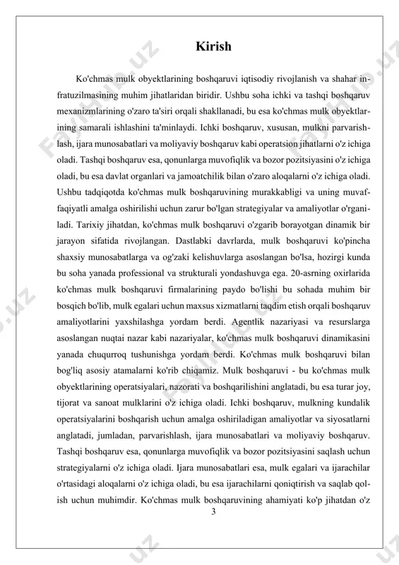 arurligini ko'rsatadi. ushbu tadqiqot ichki boshqaruv strategiyalari va ularning ta'sirini, tashqi boshqaruv va huquqiy muvofiqlik masalalarini, hamda texnologiyalar yordamida ko'chmas mulk boshqaruvini o'rganishga qaratilgan. tadqiqotning maqsadi, ko'chmas mulk boshqaruvining samaradorligini oshirish va jamoatchilikning umumiy farovonligini ta'minlash uchun zarur bo'lgan strategiyalarni aniqlashdir. bu o'z navbatida, ko'chmas mulk obyektlarining muvaffaqiyatli boshqaruvini ta'minlashga yordam beradi. i. ichki boshqaruv strategiyalari va ularning ta'siri ichki boshqaruv strategiyalari ko'chmas mulk obyektlarining samarali va muvaffaqiyatli ishlashida muhim ahamiyatga ega. ushbu strategiyalar, asosan, mulkni qulay va samarali boshqarish, ijarachilar bilan o'zaro munosabatlarni yaxshilash, va moliyaviy nazoratni ta'minlashga qaratilgan. ichki boshqaruv strategiyalarining asosiy ko'rinishlari quyidagilarni o'z ichiga oladi: har qanday ko'chmas mulk obyekti uchun texnik xizmat ko'rsatish, ijarachilar bilan muloqot va ular bilan aloqalarni boshqarish, moliyaviy monitoring va xodimlarning malakasini oshirish. birinchi navbatda, texnik xizmat ko'rsatish strategiyalari ko'chmas mulk obyekti sifatini ta'minlash va uning qadrini oshirish uchun zarur. mulkni boshqarish jarayonida muntazam texnik xizmat ko'rsatish va ta'mirlash ishlarini amalga …