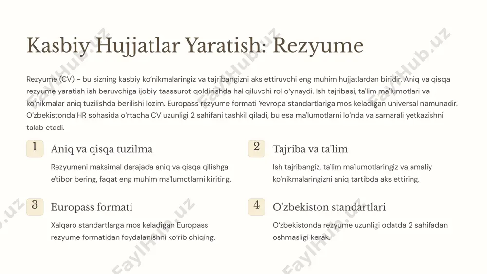 xatlar hujjatlarni to‘g‘ri sahifalash va ro‘yxatlardan samarali foydalanish ularning o‘qish qulayligini oshiradi. sahifa chegaralari odatda yuqoridan va pastdan 2.5 sm, yonlardan esa 3 sm qilib belgilanadi. sarlavhalar va pastki sarlavhalarni avtomatik raqamlash funksiyasi murakkab hujjatlarda navigatsiyani osonlashtiradi. ro‘yxatlar, xoh raqamlangan, xoh markerli bo‘lsin, ma'lumotlarni tizimli va tushunarli tarzda taqdim etish uchun juda qulaydir. diplom ishlari uchun sahifalash standartlari o‘zbekiston oliy ta'lim muassasalarida qat'iy belgilangan. sahifa chegaralari yuqori: 2.5 sm pastki: 2.5 sm chap: 3 sm o‘ng: 1.5-2 sm (bog‘lama hisobiga) sarlavhalar h1: asosiy bo‘lim sarlavhasi h2: kichik bo‘lim sarlavhasi avtomatik raqamlash ro‘yxatlar raqamlangan ro‘yxatlar markerli ro‘yxatlar ichki ro‘yxatlar 8 hujjatlarni tahrirlash: imlo va grammatika hujjatlarning professional ko‘rinishi nafaqat formatlash, balki xatosiz matn bilan ham belgilanadi. matn protsessorlari ms word va grammarly kabi kuchli imlo va grammatika tekshiruvi vositalarini taklif etadi. ushbu vositalar orqali imlo xatolarini, grammatik xatolarni va punktuatsiya qoidalariga rioya qilmaslik holatlarini aniqlash va tuzatish mumkin. o‘zbek tilida xatolarni …