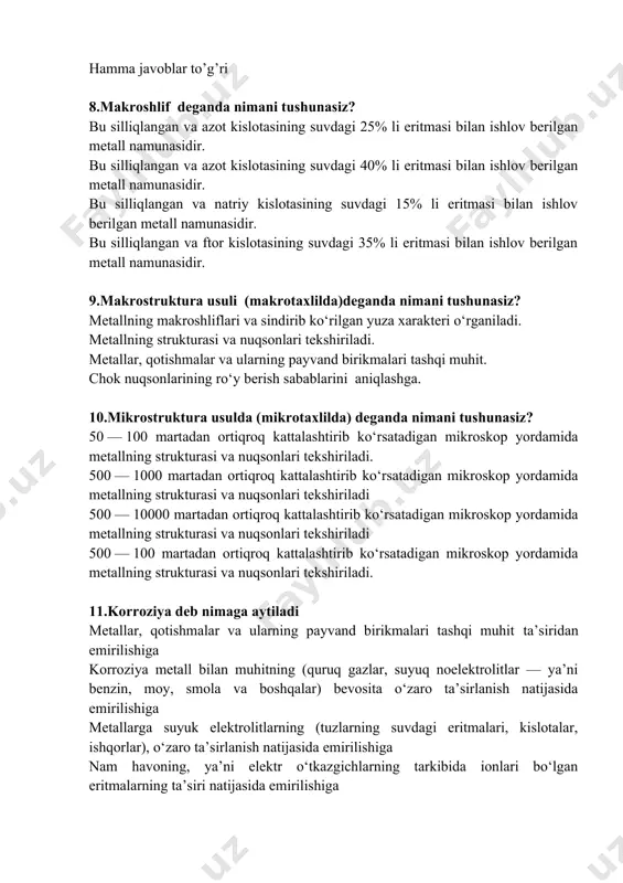 rikmalari tashqi muhit. chok nuqsonlarining ro‘y berish sabablarini aniqlashga. 10.mikrostruktura usulda (mikrotaxlilda) deganda nimani tushunasiz? 50 — 100 martadan ortiqroq kattalashtirib ko‘rsatadigan mikroskop yordamida metallning strukturasi va nuqsonlari tekshiriladi. 500 — 1000 martadan ortiqroq kattalashtirib ko‘rsatadigan mikroskop yordamida metallning strukturasi va nuqsonlari tekshiriladi 500 — 10000 martadan ortiqroq kattalashtirib ko‘rsatadigan mikroskop yordamida metallning strukturasi va nuqsonlari tekshiriladi 500 — 100 martadan ortiqroq kattalashtirib ko‘rsatadigan mikroskop yordamida metallning strukturasi va nuqsonlari tekshiriladi. 11.korroziya deb nimaga aytiladi metallar, qotishmalar va ularning payvand birikmalari tashqi muhit ta’siridan emirilishiga korroziya metall bilan muhitning (quruq gazlar, suyuq noelektrolitlar — ya’ni benzin, moy, smola va boshqalar) bevosita o‘zaro ta’sirlanish natijasida emirilishiga metallarga suyuk elektrolitlarning (tuzlarning suvdagi eritmalari, kislotalar, ishqorlar), o‘zaro ta’sirlanish natijasida emirilishiga nam havoning, ya’ni elektr o‘tkazgichlarning tarkibida ionlari bo‘lgan eritmalarning ta’siri natijasida emirilishiga 12.kimyoviy korroziya deganda nimani tushunasiz? metall bilan muhitning (quruq gazlar, suyuq noelektrolitlar — ya’ni benzin, moy, smola va boshqalar) bevosita o‘zaro …