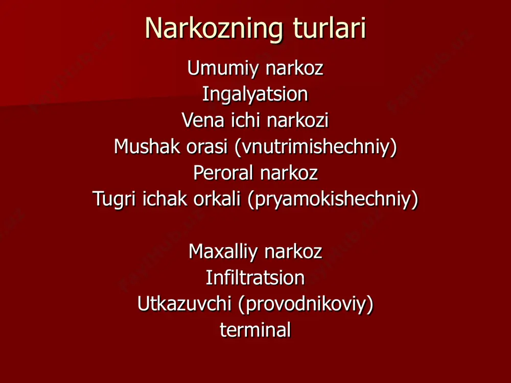 iklar - in’eksiya uchun predion - altezin - propanidid (sombrevin) - ketamin (kalipsol) - etomidat - oksibutirat natriya (gomk ning natriyli tuzi) 3. neyroleptoanalgeziya: - droperidol - fentanil - talamonal