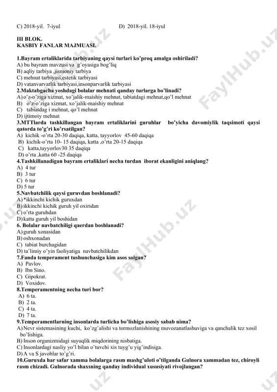 llanadigan bayram ertaliklari necha turdan iborat ekanligini aniqlang? a) 4 tur b) 3 tur c) 6 tur d) 5 tur 5.navbatchilik qaysi guruvdan boshlanadi? 1. *ikkinchi kichik guruxdan 1. ikkinchi kichik guruh yil oxiridan 1. o’rta guruhdan 1. katta guruh yil boshidan 6. bolalar navbatchiligi qaerdan boshlanadi? 1. guruh xonasidan 1. oshxonadan c) tabiat burchagidan d) ta’limiy o’yin faoliyatiga navbatchilikdan 7.fanda temperament tushunchasiga kim asos solgan? a) pavlov. b) ibn sino. c) gipokrat. d) voxidov. 8.temperamentning necha turi bor? a) 6 ta. b) 2 ta. c) 4 ta. d) 7 ta. 9.temperamentlarning insonlarda turlicha bo’lishiga asosiy sabab nima? a) nevr sistemasining kuchi, ko’zg’alishi va tormozlanishining muvozanatlashuviga va qanchalik tez xosil bo’lishiga. b) inson organizmidagi suyuqlik miqdorining nisbatiga. c) insonlardagi nasliy yo’l bilan o’tuvchi xis tuyg’u yig’indisiga. d) a va s javoblar to’g’ri. 10.guruxda har safar xamma bolalarga rasm mashg’uloti o’tilganda gulnora xammadan tez, chiroyli rasm chizadi. gulnorada shaxsning qanday individual …