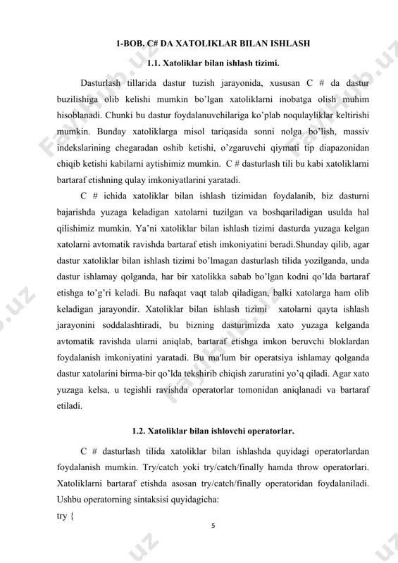 onni nolga bo’lishda yuzaga keladigan xatolikni bartaraf etish dasturini keltiramiz. using system; namespace nolga_bolinish { classprogram { publicstaticvoidmain(string[] args) { try{ int a,b,c; console.writeline("a sonni kiriting:"); a=int.parse(console.readline()); b=0; //b o'zgaruvchi nolni o'zlashtirib oladi. c=a/b;//bu yerda bo'luvchi nol bo'lganligi sababli xatolik ro'y beradi. console.writeline("natija:"+c); } catch(exception e) //xatolikni aniqlash. { console.writeline("xatolik ro'y berdi:{0}",e.tostring()); } finally{//finally blokidan foydalanish console.writeline("dastur yakunlandi!"); } console.readkey(true); } } } biz ushbu dasturni ishga tushirganimizda quyidagi natijani olamiz: ko’rib turganimizdek dasturda 54 sonini 0 ga bo’lishga urinildi va dastur bu xatolikni try/catch operatori yordamida aniqladi va bizga xatolik haqida turli ma’lumotlar chiqarib berdi. chunki biz catch blokida e o’zgaruvchining qiymati chiqarib berilishini kiritgandik. dastur yakunida esa finally bloki ishga tushdi. umuman olganda xatoliklarni aniqlab, bartaraf etuvchi asosiy bloklar try/catch bloklari hisoblanadi.agarda biz finally blokini qo’llamasak ham try/catch bloki xatolikni bartaraf etishi mumkin. lekin try yoki catch bloklaridan birontasini qo’llamasak dastur xatoliklarini bartaraf etishning iloji bo’lmay qoladi.yuqoridagi dasturda …