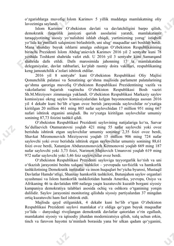 . unda o‘zbekiston mustaqillik deklaratsiya qoidalarini amalga oshirish yo‘lida boraveradi, deb ko‘rsatildi. o‘sha kuni o‘zbekiston birinchi prezidenti i.karimov respublika aholisiga murojaat bilan chiqib, o‘zbekistonning mustaqilligiga erishish yo‘li qat’iy ekanligini yana bir bor alohida uqtirdi. shunday og‘ir sharoitda, tarixiy vaziyatni to‘g‘ri baholay bilish qobiliyatiga ega bo‘lgan o‘zbekiston respublikasi birinchi prezidenti i.karimov oliy kengash sessiyasini chaqirish va unda o‘zbekiston mustaqilligi haqida qonun qabul qilishni talab qildi. respublika oliy kengashi 1991-yil 26-avgust kuni o‘zbekiston davlat mustaqilligi to‘g‘risida qonun loyixasini tayyorlash hamda 31-avgustda oliy kengash sessiyasini chaqirishga qoror qildi. 1991-yilning 31-avgustida o‘zbekiston zamonaviy tarixining yangi davri boshlandi. shu kuni oliy kengashning navbatdagi tashqari oltinchi sessiyasi “o‘zbekiston respublikasining davlat mustaqilligini e’lon qilish to‘g‘risida” qaror qabul qildi[footnoteref:4], tegishli bayonot bilan chiqdi va “o‘zbekiston respublikasi davlat mustaqilligining asoslari to‘g‘risida”gi qonunni tasdiqladi. mamlakat taqdiri hal bo‘lgan bu xujjatlarda xalqning asriy orzulari mujassamlandi u o‘z taqdirini o‘zi hal qiladigan bo‘ldi. [4: ўзбекистон республикаси олий кенгашининг ахборотномаси, 1991 й., 11-сон, …