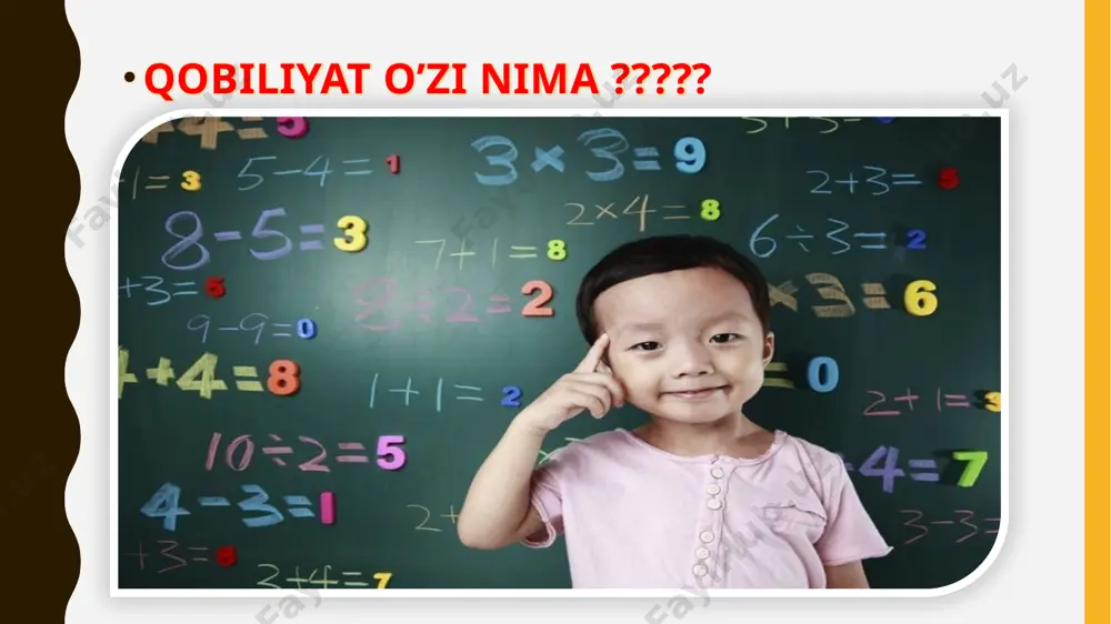 u badiiy qobiliyat bo`lib birinchi signal tizimiga tegishlidir. fikrlovchi tipda esa aql nazariy bo`lib, u so`z bilan bog`liqdir. i.p.pavlov uchinchidan, badiiy tip yuksak emosionallik bilan ajralib turadi, chunki birinchi signal tizimi i.p.pavlov tili bilan aytganda asosiy emosional fondni tashkil qiluvchi miya qobiqi bilan yaqin bog`liqdir. badiiy tip hayajonli, muqarrar, emosional tipdir degan edi i.p.pavlov va aksincha, mutafakkir tipda emosional fon va birinchi signal tizimi zaif bo`lsada, lekin u sog`lom va soddadil odam bo`ladi. ko`pchilik olimlar vunderkindlar jismonan zaif deb biladilar. lekin bu xulosa noto`g`ri. vunderkindlarning hammasi aqlan va jismonan soppa sog’. buni isbotlash uchun 20-yillarda amerikalik psixologlar tomonidan tadqiqotlar o`tkazilgan. bu tadqiqotga a.termen boshchilik qilgan. ular tadqiqot uchun 15000 o`quvchilarni o`g`il bola va qizlarni saralab oldilar. ular umumiy aqlan rivojlangan, o`ziga xos xususiyatli 6 yoshdan 12 yoshgacha bo`lgan bolalar edi. saralash jarayoni test natijalari va o`qituvchilarning tavsifnomasi asosida o`tkaziladi. so`ng bu o`quvchilar 10 yil mobaynida tadqiq etiladilar. bu o`quvchilar boshqalarga …