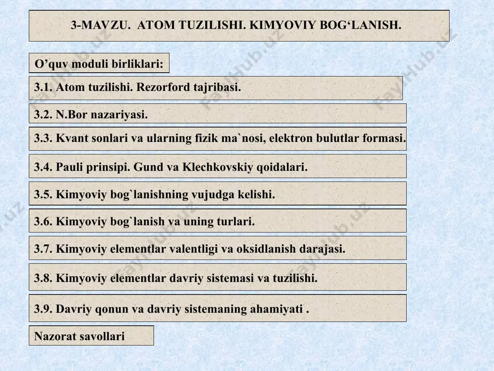siteti rektori f. lindeman 1905 yilda “kislorod atomi halqa shakliga, oltingugurt atomi esa dumaloq non shakliga ega” degan tasavvurni ilgari surdi. kelvinning “uyurmaviy atom” nazariyasi ham davom etdi. unga binoan, atom chekuvchining og’zidan chiqayotgan tutun halqalariga o’xshaydi. ushbu nazariya haqida kirxgof shunday degan edi: “bu shunday go’zal nazariyaki, u qolgan barcha nazariyalarni yo’qotadi”. 1903 yilda tomson atomning shunday bir modelini ishlab chiqdiki, u yaratgan modelini quyidagicha - atom musbat elektr zaryadi bilan bir tekis to’ldirilgan sferadan iborat bo’lib ichida elektron joylashgan bo’ladi deb izoxlaydi (3.1-rasm). 3.1-rasm. tomson atom modeli sferaning yig’indi musbat zaryadi elektron zaryadiga teng bo’lganligi uchun atom bir butun holatda neytral sistema hisoblanadi. bunday atomning massasi esa uning butun hajmi bo’ylab bir tekis taqsimlangan. atom, ya’ni, sfera ichida kuchli elektr maydoni yuzaga kelmaydi. tomson tomonidan taklif etilgan ushbu atom modeli nazariy model edi. 1911 yilda ingliz olimi ernest rezerford va u boshchiligidagi guruh o’z tajribalari asosida tomson nazariyasining …