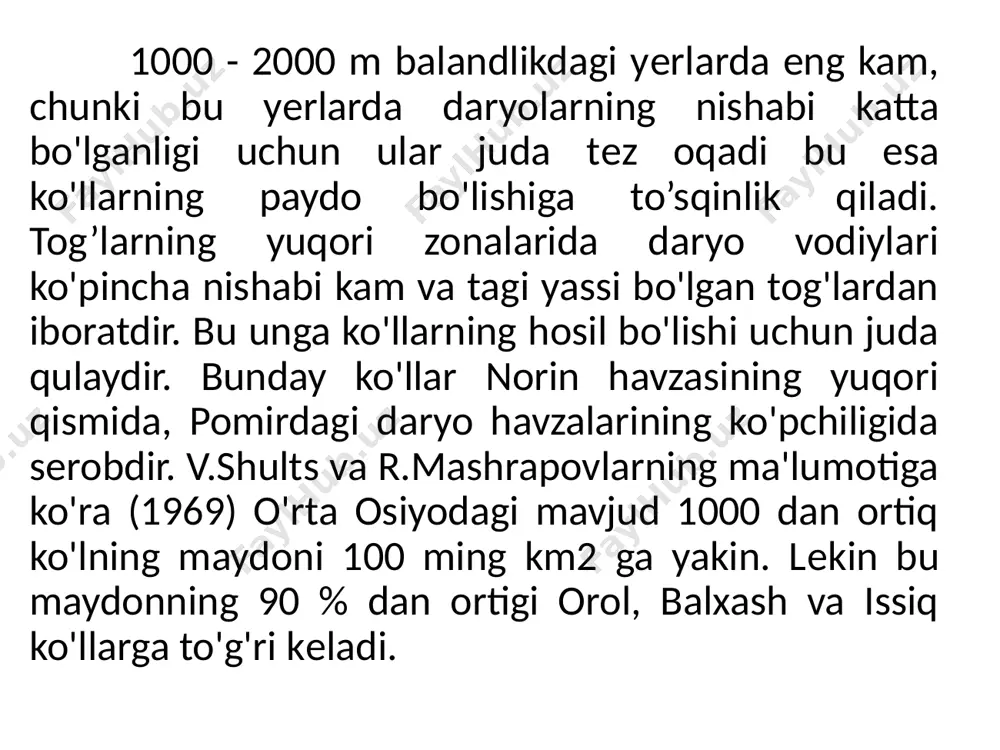 sh misol bo'la oladi. o'rta osiyoning tеkislik qismida tеktonik ko'llar juda kam bo'lsa ham borlari u'lkan ko'llardir. orol va balxash ana shu tipdagi ko'llar jumlasidandir. orol maydoni kamayib bormoqda. dеngizko’l katta tеktonik botiqning eng chuqur qismini egallagan. unda va tuzkon ko’lida tuz cho’kishi kuzatiladi. ko’l to’g'onning uzilib kеtishi daryo havzasining ko'l hosil bo'lgan joydan yuqorida qor hamda muzliklarning tеz va ko'plab erishi, jala kuyishi tufayli ko’l suvining birdaniga va ortiqcha ko'payib kеtish natijasida ham bo'ladi. masalan, 1998 yilda kubbon ko’lda; 1963 yilda olmota yaqinidagi orqa ili tizmasining shimoliy yonbagrida 1788 mеtr absolyut balandlikda joylashgan еsik ko’lining to’gonini buzilish va suvning chiqib kеtishi va ko'lning bo’shab qolishi misol bo'la oladi. ko’ldan birdan suv chiqib kеtishi sеl to’sini oladi, uning xalq xo’jaligi uchun qanchalik zararli ekani ma'lum. masalan: 1966 yilda bahorda isfayramsoydan chiqqan sеlni eslashimiz mumkin. shuning uchun ko’l hosil qilgan to'g'onni to’satdan suv urib kеtishi aniq va xavfli bo'lgan vaqtlarda ko’l …