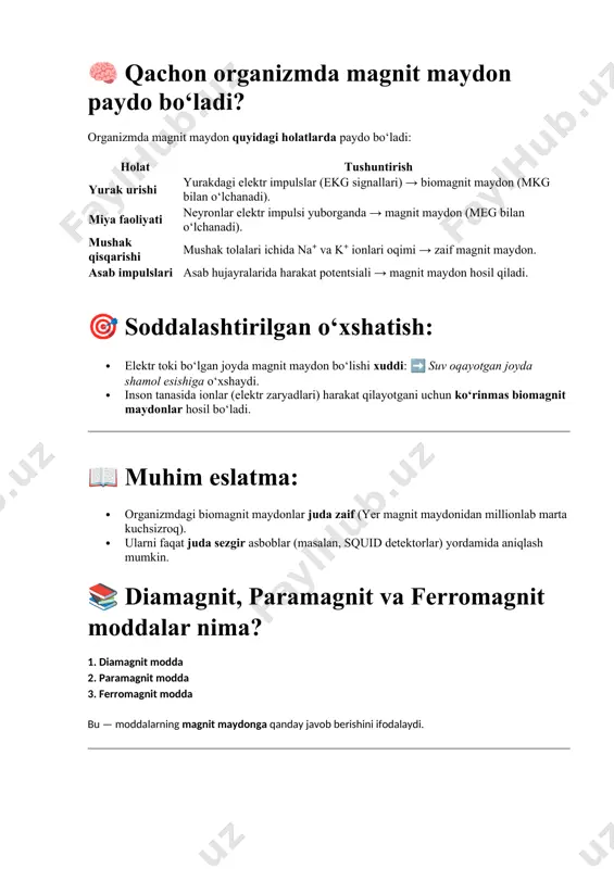 n, squid detektorlar) yordamida aniqlash mumkin. 📚 diamagnit, paramagnit va ferromagnit moddalar nima? 1. diamagnit modda 2. paramagnit modda 3. ferromagnit modda bu — moddalarning magnit maydonga qanday javob berishini ifodalaydi. 1. 📖 diamagnit modda tushuncha: · diamagnit moddalar magnit maydon ichiga kiritilganda, magnit maydonga qarshi zaif magnit maydon hosil qiladi. · ular magnit maydonni zaiflashtiradi. misollar: · suv 💧 · mis (cu) 🧲 · oltin (au) 🌟 · tanamizdagi ko‘pchilik to‘qimalar (masalan, miya, mushaklar) tibbiyotga bog‘lash: · inson organizmi asosan diamagnetik materiallardan tashkil topgan. · shuning uchun mrt tasvir olishda inson tanasi magnit maydonni faqat zaif o‘zgartiradi va bu xavfsiz. 2. 📖 paramagnit modda tushuncha: · paramagnit moddalar magnit maydon ta’sirida magnit maydonni kuchaytiradi, lekin juda zaif darajada. · magnit maydon olib tashlansa, ular magnitlanishni tezda yo‘qotadi. misollar: · kislorod (o₂) 🌬️ · alyuminiy (al) 🧲 · gemoglobin (qonda kislorod tashuvchi molekula) 🩸 tibbiyotga bog‘lash: · qondagi kislorod molekulalari …