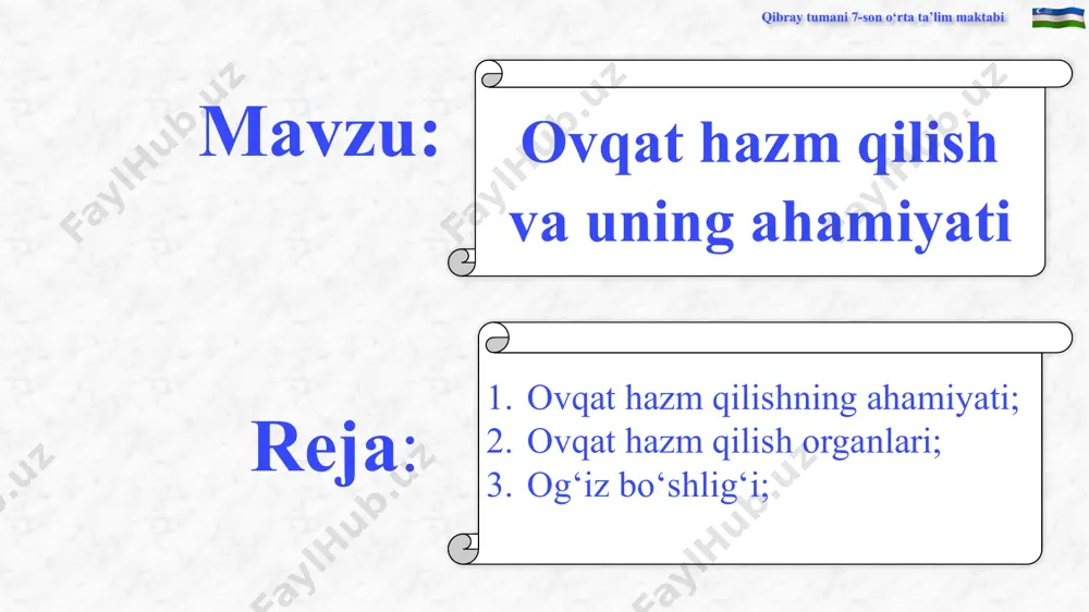 aynash, nutqning ravon bo‘lishi, so‘zlarni to‘g‘ri talaffuz qilishda ham muhim ahamiyatga ega. tishni sog‘lom saqlash uchun har kuni uxlash oldidan tishni tish pastasi yoki kukuni bilan tozalash lozim. til og‘iz bo‘shlig‘ida joylashgan, muskuldan tashkil topgan organ bo‘lib, u ovqatni aralashtirib, tomoq tomonga o‘tkazish va uning ta’mini aniqlash vazifasini bajaradi. tilning eng muhim vazifalaridan biri so‘zlarning ravon talaffuz qilinishini ta’minlashdir. qibray tumani 7-son o‘rta ta’lim maktabi oshqozonning ovqat tushgan vaqtdagi holati qibray tumani 7-son o‘rta ta’lim maktabi tilning qismlari til uch qismdan: uchi, tanasi va ildizdan iborat. tananing ustini qoplagan shilliq qavatda sezuvchi nerv tolalarining uchlari bo‘lib, uning uchida asosan, shirin, ildiz qismida achchiq, yon tomonlarida sho‘r va nordon ta’mlarni sezuvchi reseptorlar bo‘ladi. qibray tumani 7-son o‘rta ta’lim maktabi o‘giz bo‘shlig‘i qibray tumani 7-son o‘rta ta’lim maktabi qizilo‘ngach qizilo‘ngach uzunligi o‘rtacha 23 – 25 sm bo‘lib, shilliq va muskul qavatdan iborat. u ko‘krak qafasi to‘sh suyagining orqa qismida joylashgan. vazifasi ovqatni …