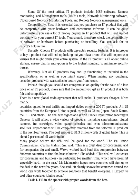 ve clearlycut there is a new global trade (1) agreement that will make it products cheaper. more than 50 countries agreed to (2) cut tariffs and import (3) duties on over 200 it products. all 28 countries from the european union signed, as (4) well as china, japan, south korea, the u.s. and others. the deal was signed at a world trade organization meeting in geneva. it will affect a wide (5) end variety of products, including smartphones, digital cameras, ink cartridges, video game (6) consoles and even telecommunications satellites. import duties will be (7) completely removed from the selected it products in the next four years. the deal (8) applies to $1.3 trillion worth of global trade. this is about 7 per cent of all world trade. many people (9) believe the deal will be good for the world. the eu trade commissioner, cecilia malmström, said: "this is a …