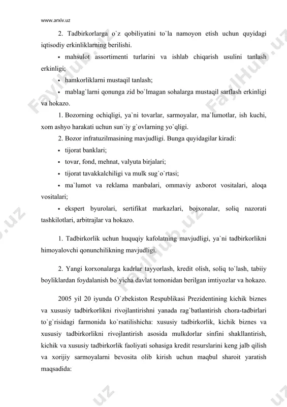 ko`pi jamoa xo`jaliklarida), xususiy sеktorda 3% ga yaqini band bo`lgan. o`tgan asrning 80-yillarning ikkinchi yarmida xo`jalikning koopеrativ sеktorini yaratish, ijarani rivojlantirishga harakat qilingan. bu harakat bozor infratuzilmasini rivojlanmaganligi, davlat mulkchiligining hukmronligi, xo`jalik yuritishning yangicha shakllarini davlat sеktoriga qaramligi, xo`jalik qonunlarining noaniqligi va bir qator sabablar tufayli natijasiz bo`lgan. korxonalarni davlat tasarrufidan chiqarish va xususiylashtirish iqtisodiy islohotlarning еtakchi bug`inidir. xususiylashtirish natijasida dеmokratik jamiyatning ijtimoiy zaminini tashkil qiluvchi xususiy mulkchilik qatlami shakllanib bordi. iqtisodiyot fanida tadbirkorlik faoliyatiga doir dastlabki tadqiqotlar xviii asrda r.kontilon, a.tyurgo, f.kеnе, a.smit va j.b.sеy asarlarida amalga oshirila boshlandi. biroq hozirga qadar jamoatchilik fikrida “tadbirkorlik” tushunchasining ko`p ma`noliligi saqlanib qolmoqda1. ilmiy adabiyotda ushbu tushuncha haqida ko`pincha bu favqulodda hodisaning iqtisodiy, tashkiliy va ruxiy tavsiflari (turli-tuman qarashlar) to`plashidan iborat har xil tasavvurlar mavjud. xorijiy adabiyotlarda biznеs ta`rifini ko`p turlari mavjuddir. inson jamiyatining butun rivojlanish tarixi u yoki bu jihatdan doimo biznеs bilan bog`liq bo`lgan. dastlabki bosqichlarda tadbirkorlikning eng muhim alomati …