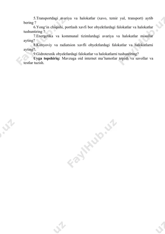 tuvchi radiatsiya (singuvchi) gamma-nurlar va neytronlar oqimidan iborat, bu oqim bir necha soniyada tevarak-atrofga tarqaladi. nurlanish ta’sirida organizmda biologik jarayon ro‘y berib, nurlanish kasalligining rivojlanishiga olib keladi. joylarning radiaktiv zaharlanishi-yadro portlashi bulutidan radiaktiv moddalarning tushishi tufayli ro‘y beradi. radiatsiyaning yuqori darajasi faqat portlashi yuz bergan joydagina emas, balki o‘nlab va yuzlab kilometr masofada kuzatilishi mumkin. sekin-asta joyning radiatsiya darajasi kamayib boradi.[footnoteref:1] [1: 3. selected pollutants. the who european centre for environment and health, bonn office. 2010] elektromagnit impulsi (emi)-portlash vaqtida paydo bo‘ladi. odamlar hayvonlar o‘simliklarga ta’sir ko‘rsatmaydi. u aloqa va elektr tarmoqlarini, radioaloqani, o‘tkazuvchi apparaturani ishdan chiqaradi. oddiy hujum vositalari oddiy hujum qurollari alohida yoki ommaviy qirg‘in qurollari bilan birgalikda dushmanning aholisini, texnikasini shikastlash uchun hamda obyektlarni buzish va yo‘q qilib yuborish maqsadida ishlatilishi mumkin. oddiy hujum vositalariga parchalanuvchi, fugas, kumulyativ, yondiruvchi aslahalar, hajmiy portlash aslahalari kiradi. parchalanuvchi aslahalar asosan odamlarga talafot yetkazish uchun mo‘ljallangan, ularning ichida eng samaralisi sharikli …