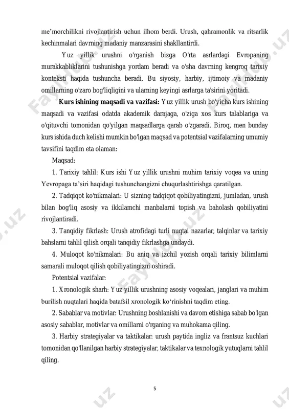 a ularning urush natijalariga ta’sirini o‘rganing. 7. tarixiy tahlil: yuz yillik urushga oid turli tarixiy talqin va munozaralarni tahlil qiling, turli ilmiy qarashlarning kuchli va zaif tomonlarini baholang. bu yuz yillik urush bo'yicha kurs ishida duch kelishi mumkin bo'lgan ba'zi potentsial vazifalar. muayyan talablar va vazifalar sizning kursingiz va o'qituvchi ko'rsatmalariga bog'liq bo'ladi. kurs ishining vazifasi: kurs ishining vazifasi talabaning ma'lum bir fan yoki fanlar bo'yicha chuqur o'rganishi va bilimini oshirishga imkon berishdir. bu talabaga tegishli sohada tadqiqot, tahlil qilish, sintez qilish va natijalarini samarali etkazish ko'nikmalarini rivojlantirish imkoniyatini beradi. kurs ishining vazifalari quyidagilarni o'z ichiga olishi mumkin: 1. mavzu bo'yicha tadqiqotlar: talabaga ma'lum bir mavzu yoki mavzu bo'yicha keng qamrovli tadqiqot o'tkazish imkoniyati taklif qilinishi mumkin. bu resurslarni jamlash, bilim olish va asosiy fikrlarni tushunish jarayonini o'z ichiga oladi. 2. ma'lumotlarni to'plash va tahlil qilish: talabaga tegishli ma'lumotlarni to'plash, tahlil qilish va sharhlash bo'yicha ko'nikmalarini rivojlantirish imkoniyati berilishi mumkin. …