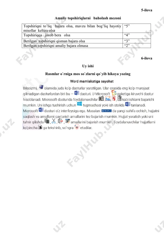 a, shu kompyuterga o`rnatilgan faol dasturlar ro`yxati hosil bo`ladi. 2 —usul. ish stolida ikonkani (dasturning belgisi) bosing. 3 —usul. ish stolining masalalar panelida piktogramma (dastur belgisi) tugmachani bosing dastur ishga tushirilgach, ekranda uning ko`rinishi (interfeysi) hosil bo`ladi. dastur interfeysini quyidagilar tashkil etadi oynani boshqarish tugmalari sarlovha satri tezkor murojaat paneli ishchi maydon sahifa masshtabini belgilash hujjatlarni formatlash paneli abzasni formatlash paneli shriftlarni formatlash paneli tahrirlash paneli 1.sarlovha satrida tezkor murojaat paneli, hujjat nomi va oynachani boshqarish tugmachalari joylashgan. bu panelda yangi hujjat ochish, uni saqlash buyruqni orqaga hamda oldinga qaytarish tugmachalari joylashgan. 2. menyu bo`limi – ribbon (tasma) deb nomlangan panel ko`rinishida joylashgan. unda файл, главная, вставка, конструктор, макет, ссылки, резензирование, вид, справка panellari joylashgan. главная (asosiy) panelida hujjatni formatlash uskunalari joylashgan bo`lib, 5 qismdan iborat (буфер, oбмена, шрифт, абзац, стилъ, редактирование). foydalanilgan adabiyot. informatika va axborot texnologiyalari akademik litsey va kasb-hunar kollejlari uchun uchinchi nashr toshkent – 2014 yil …