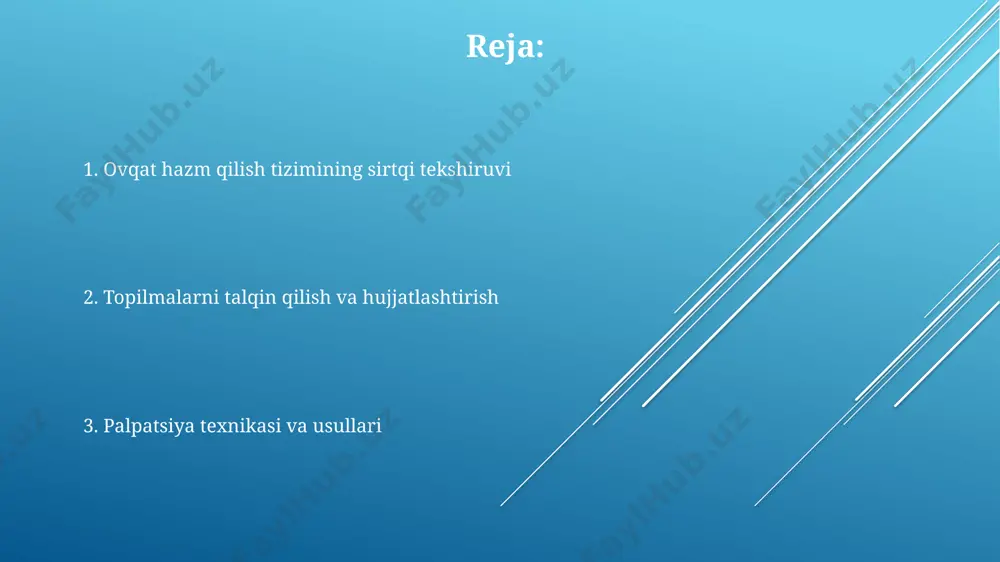 tsiyasi, rektal tekshiruv orqali amalga oshiriladi va 12 sm gacha chuqurlikda uning holatini, tonusini, shilliq qavatining holatini aniqlash imkonini beradi. sog'lom odamlarda ingichka ichak palpatsiyada aniqlanmaydi, faqat patologik holatlarda (masalan, yallig'lanish, obstruksiya) kattalashgan holda sezilishi mumkin. qorin bo'shlig'ining topografik anatomiyasi qorin bo'shlig'ini o'ng va chap gipogastriy sohalari, epigastriy, mezo- va hipogastriy sohalariga bo'lish mumkin, har biri turli organlarni o'z ichiga oladi. qorin bo'shlig'ining yuqori chegarasi diafragma, pastki chegarasi esa kichik chanoqning kirish teshigigacha cho'zilgan bo'lib, taxminan 10-12 sm chuqurlikka ega. qorin bo'shlig'i oldingi qorin devori mushaklaridan, orqa tomonida esa umurtqa pog'onasi va katta bel mushaklaridan hosil bo'lgan. uning ichki organlari peritoneum deb ataluvchi seroz qavat bilan qoplangan. ovqat hazm qilish tizimining sirtqi tekshiruvi yo'g'on ichakni tekshirishda, sigmoid kolonning o'rnini chashok shaklida chap pastki qorinda, taxminan 10-15 sm chuqurlikda aniqlash mumkin. jigarning pastki chetini aniqlashda, o'ng qovurg'alar yoyining pastki chetidan 2-4 sm pastda, qo'shimcha palpatsiya manevrlari talab qilinishi mumkin. oshqozonning yuqori …