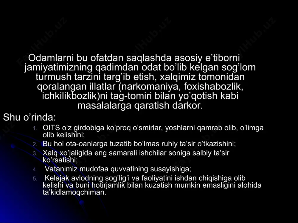 shmasligi, shuningdek, nosog‘lom turmush kechirish sababli odamlar kasallikka ko‘p chalinadi. savol tug‘ilishi mumkin, nega unda bugun dunyoning eng boy, rivojlangan davlatlarida ham oitsga chalinganlar bor? sababi, bu davlatlar aholisi, ayniqsa, yoshlari orasida axloqiy buzuqlik, ichkilikbozlik, giyohvandlikka ruju qo‘yish holatlari kuchayib bormoqda. respublikamizda orttirilgan immunitet tanqisligi kasalligiga qarshi kurashish borasida bir qator ishlar amalga oshirilyapti. buning mazmun-mohiyati orttirilgan immuntanqisligi virusi infeksiyasiga qarshi kurashning yagona tizimini tashkil qilish, kasallikning oldini olish, aholini xastalikdan muhofaza qilish borasida olib borilayotgan chora-tadbirlar samaradorligini yanada oshirishdan iborat. oiv o`zbekistonga o`z ta`sirini ko`rsatmoqda mamlakatdagi vaziyat… o`zbekistonda oiv infektsiyasiga chalinganlar soni u qadar ko`p bo`lishiga qaramasdan, bu ko`rsatkish tez o`sish tendentsiyasiga ega. oiv infektsiyasi yuqishi holatlarining aksariyat qismi tomirga yuborish orqali narkotik qabul qiluvshilarga to`g`ri kelib, ularning asosiy qismini yoshlar tashkil etadi. ularning ko`pchiligi xatarli harakatlarni amalga oshirish, masalan, bitta ignadan ko`pchilik bo`lib foydalanish, himoya qilinmagan jinsiy aloqaga kirishishdan toymaydi (unaids,2004). narkomaniyaga la`nat tamg`asi qo`yilishi yangi boshlovchilar tomonidan …