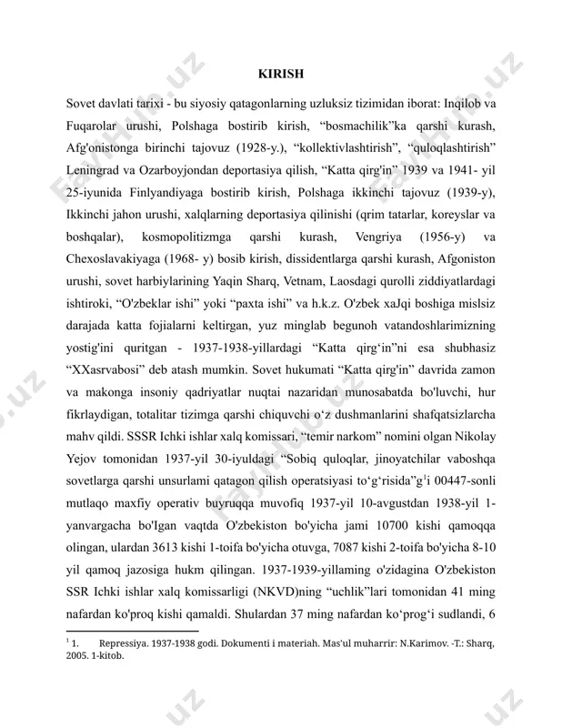 yma-oy va hatto kunma-kun tarixini tiklash mumkin. mazkur solnoma asosan bolsheviklarning butunrossiya kommunistik partiyasi (keyingi o'rinlarda vkp(b) tarzida beriladi) mk va ichki ishlar xalq komissarligi (keyingi o'rinlarda nkvd tarzida beriladi) hujjatlari - qatagonlarning dinamikasi, g'oyaviyligi, son va prosessual parametrlarini belgilab bergan direktivalar asosida tuzildi. “katta qirg'in” jarayonidagi qatag onlarningborishini kopchilik xorijiy mutaxassislar quyidagi to‘rt asosiy davrga bo'lib o rganishni maqsadga muvofiq deb hisoblaydilar: 1. “katta qirg'in” mashinasining yurgizilishi (1936-yil oktabr - 1937-yil fevral). jazo organlarini qayta tuzish, partiya, harbiylar va mamuriyat xodimlari orasidagi eng sara namoyandalarni oylab topilgan “imperialistik tajovuz” xavfi sharoitida yuzaga chiqishi mumkin bo'lgan muxolifat unsurlaridan tozalash; 2 .1937-yil mart - 1937-yil iyun. o‘ylab chiqarilgan “xoinlar” va “xorijiy razvedka josuslari”, ziyolilar qatlamini yo‘q qilish, “quloqlar” milliy diasporalar vakillaridan iborat bo'lgan tajovuzkor “ijtimoiy baza”ga qarshi ommaviy qatagonlar rejasiniishlab chiqish. 3. 1937-yil iyul - 1938-yil oktabr. “quloqlar” va millatchilarga qarshi ommaviy qatagonlarni dekretlar bilan qonuniylashtirish va o'tkazish, qizil armiya tarkibidagi …